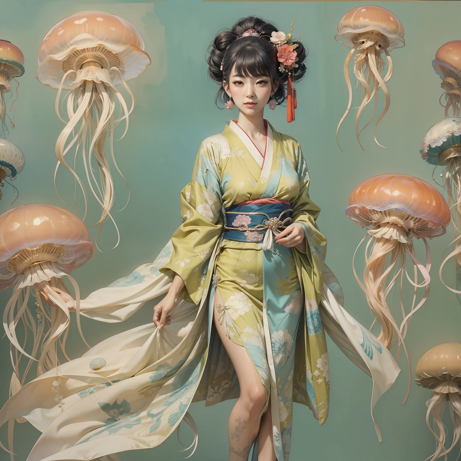 jellyfish woman, with a beautiful dress, full body,ukiyoe style,beautiful hands and legs,beautiful face,kimono style