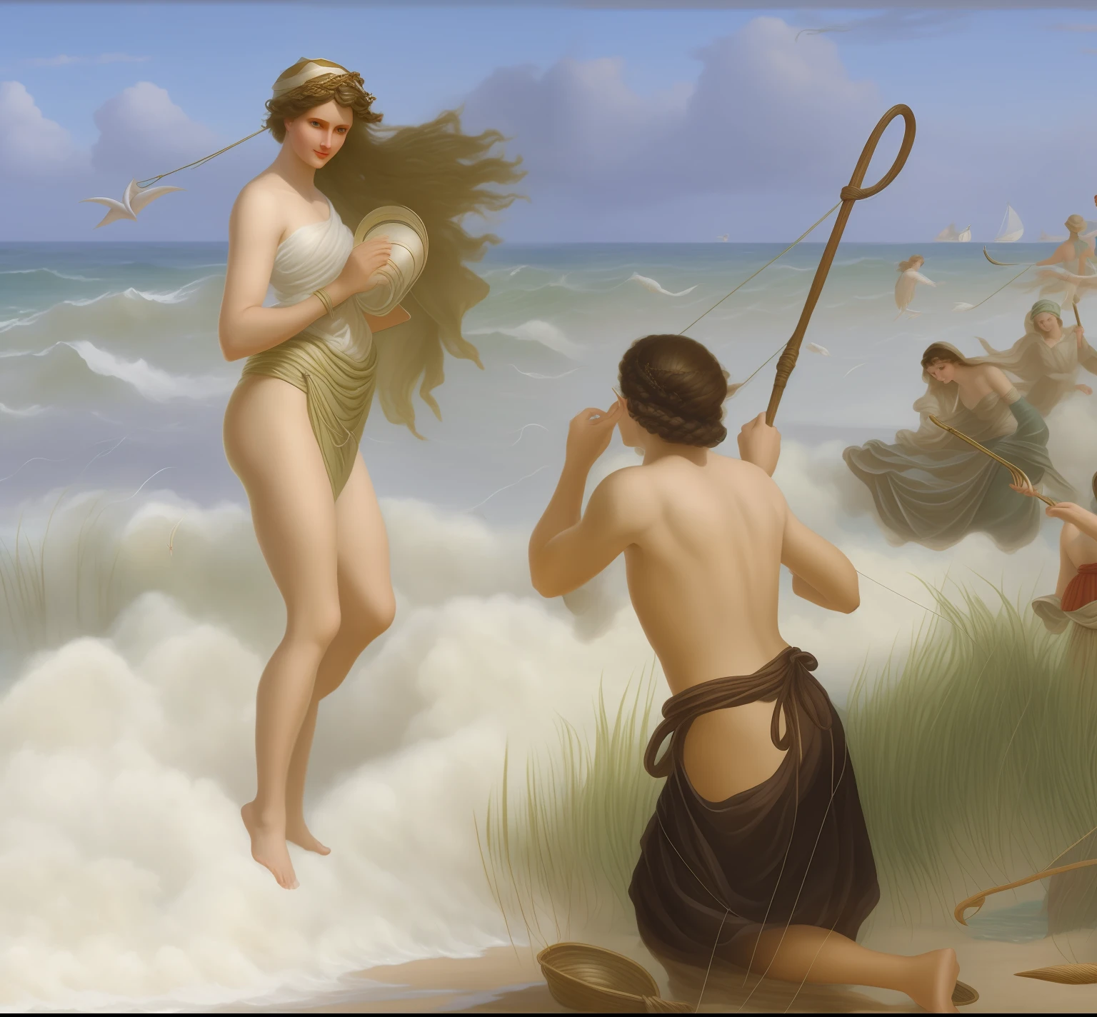 Shepherds and sirens with long hooks on the beach, The sea lady has long, many hairs and holds a conch in her hand,Beautiful figure comes out of the sea,