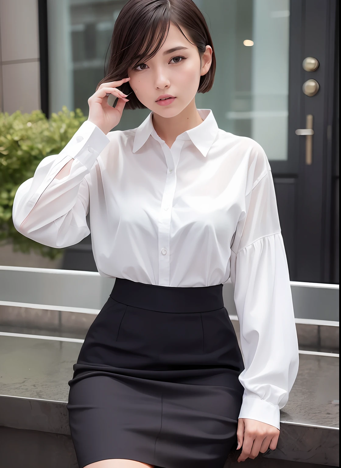 (8k, Best Quality, Masterpiece: 1.2), (Realistic, Realistic: 1.37), Ultra Detailed, 1 Girl, Cute, Solo, Beautiful Detailed Sky, Detailed Cafe, Night, Sitting, Dating, ( red nose), (smile: 1.15), (shut up) small breasts, beautiful and delicate eyes, (collared shirt: 1.1), night, wet, business attire, rain, white lace, (short hair: 1.2), flowing hair NovaFrogStyle,