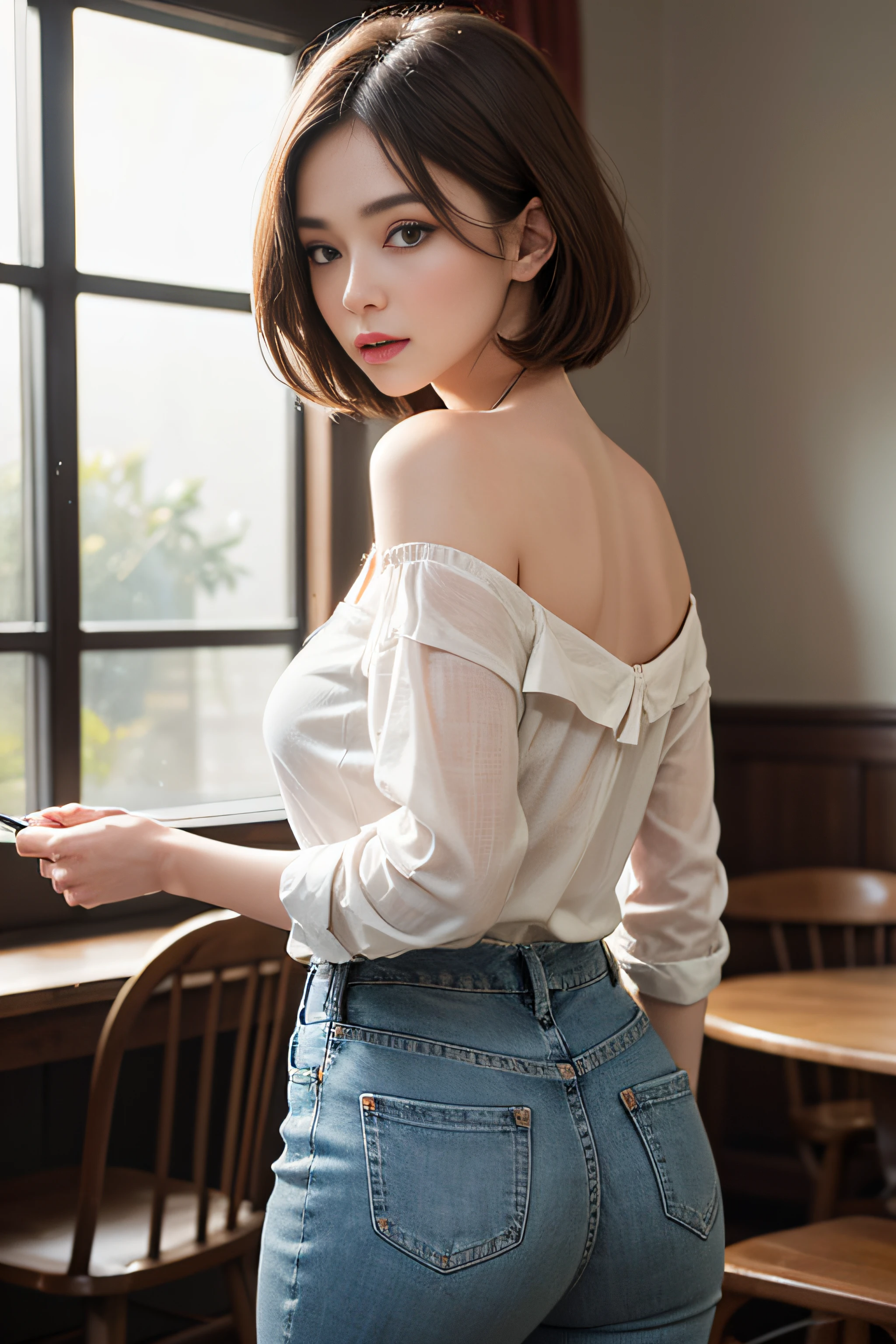a woman standing next to a wooden table in a room with chairs and tables in it, wearing a white blouse and jeans, natural skin texture, 4k textures, soft cinematic light, intricate details, elegant, highly detailed, sharp focus, soothing tones, exposure blend, hdr, faded, hyperdetailed, backlighting, 85mm, close-up, best quality, (photorealistic:1.2), (cinematic look), blonde, green eyes, bob hair, 1girl, glowing skin, blush, upturned eyes, cleavage, Turned away but looking back over the shoulder