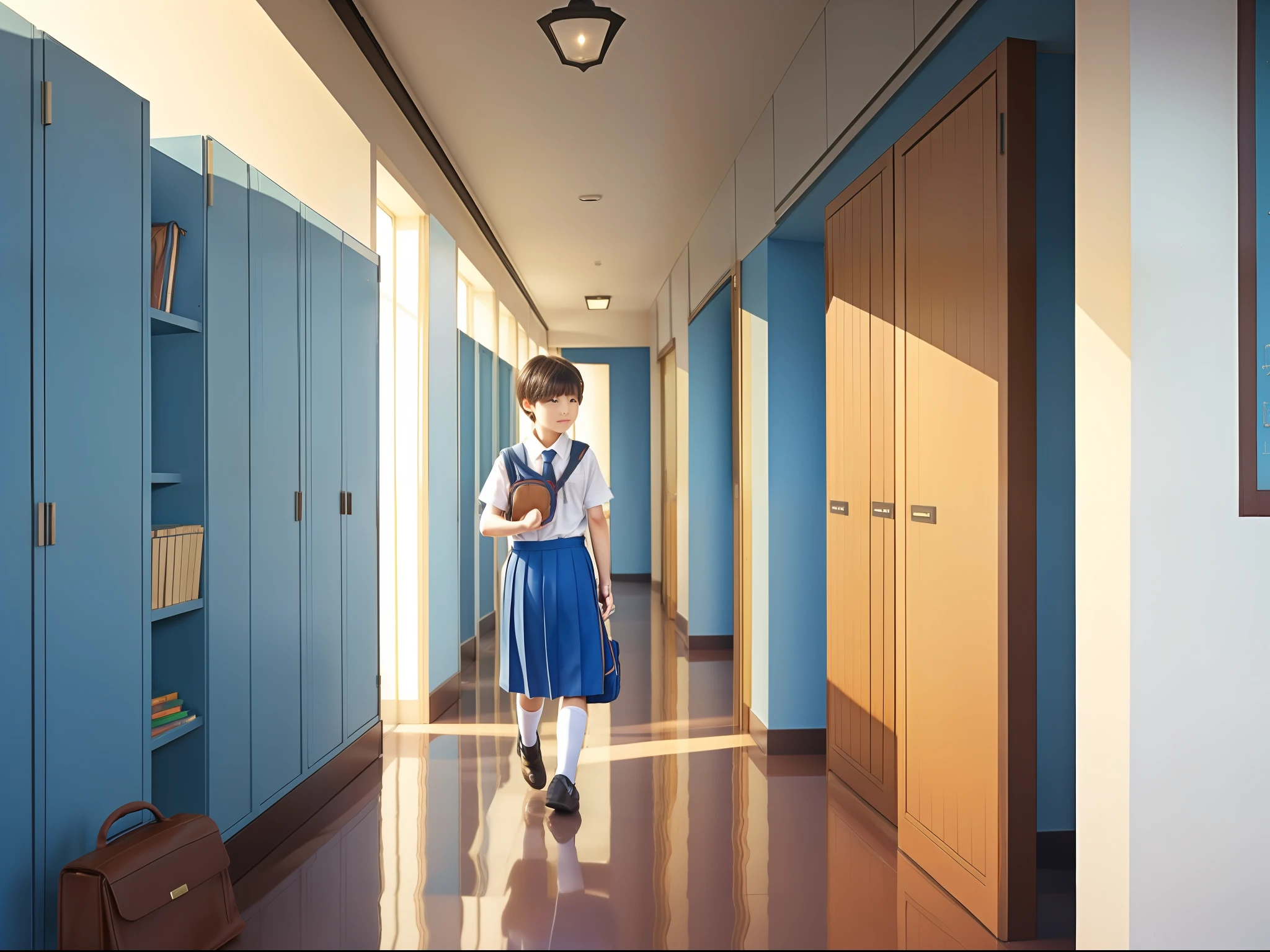 garden，hallways，with people coming and going，‎Classroom，short detailed hair，brunette color hair，Comely，Wear a blue and white school uniform，Boy student，wearing school bag，Fool around，schoolboy