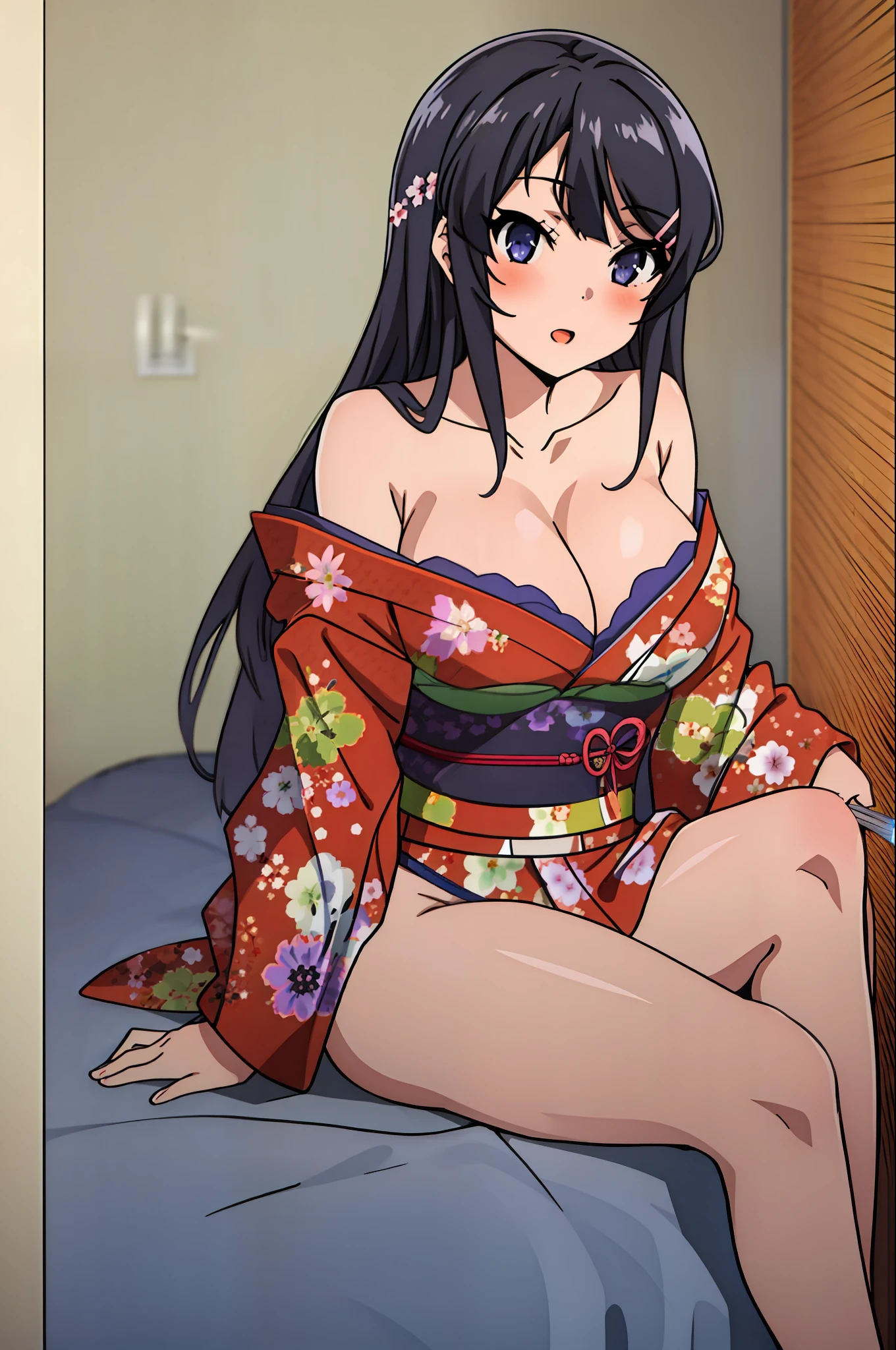 sakurajima mai, mai-san, (masterpiece), 1girl, japanese clothes, solo, kimono, red kimono, show panties, show bra, black panties, black bra, medium breasts, cleavage, blush, paintbrush, calligraphy brush, bedroom background, ink, bare shoulders, off shoulder, looking at viewer, sash, smile, collarbone, sitting, obi, floral print, wide sleeves, parted bangs, between breasts, holding, open mouth, nsfw, low-necked, sexy