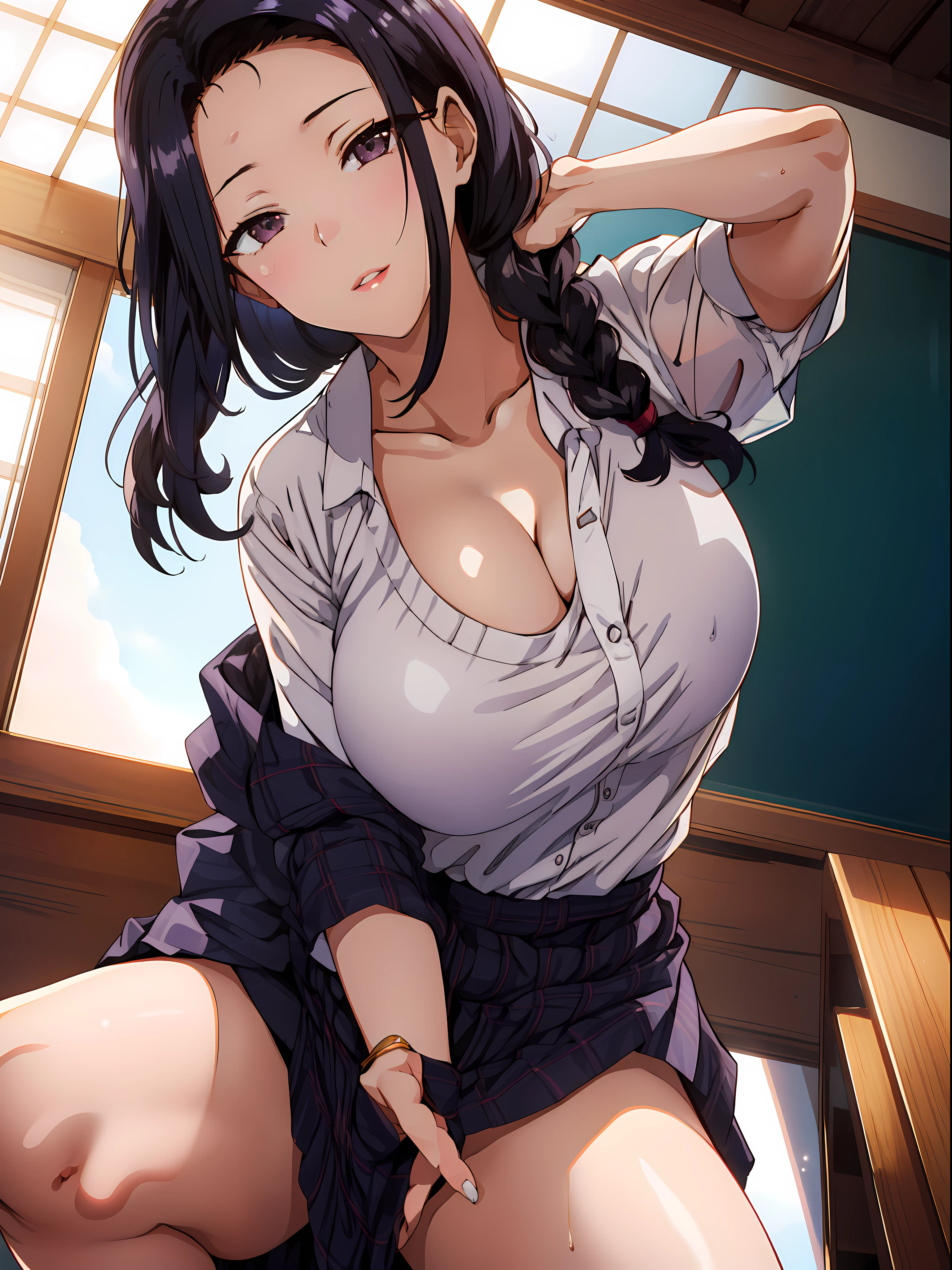 (highres, high quality, best quality:1.3), intricate details, vibrant image, colorful, volumentric lighting, saiminseishidou, Tsubaki Miyajima, 1girl, solo, cowboy shot, (from below:1.2), looking down, looking at viewer, eye contact, (spread legs:1.2), (skirt tug:1.3),
(seductive look:1.2), seductive smile,
(high school teacher outfit:1.4),cleavage,
black_hair, long_hair, hair_pulled_back,parted_lips,purple_eyes, braid,
1 girl, 24yo,mature female,Beautiful Finger,Beautiful long legs,Beautiful body,Beautiful Nose,Beautiful character design, perfect eyes, perfect face, perfect fingers, perfect hands, perfect breasts, perfect body, perfect mouth, perfect lips,
looking at viewer, in the center of the image,
SFW,official art,extremely detailed body, exteremly detailed face, extremely detailed hair, extremely detailed eyes, wallpaper, perfect lighting,Colorful, Bright_Front_face_Lighting,
(masterpiece:1.0), ultra high res,4K,ultra-detailed, 8K, HDR, highres, absurdres:1.2, Kodak portra 400, film grain, blurry background, bokeh:1.2, lens flare, (vibrant_color:1.2)
(Beautiful,large_Breasts:1.2), (beautiful_face:1.5),(narrow_waist),