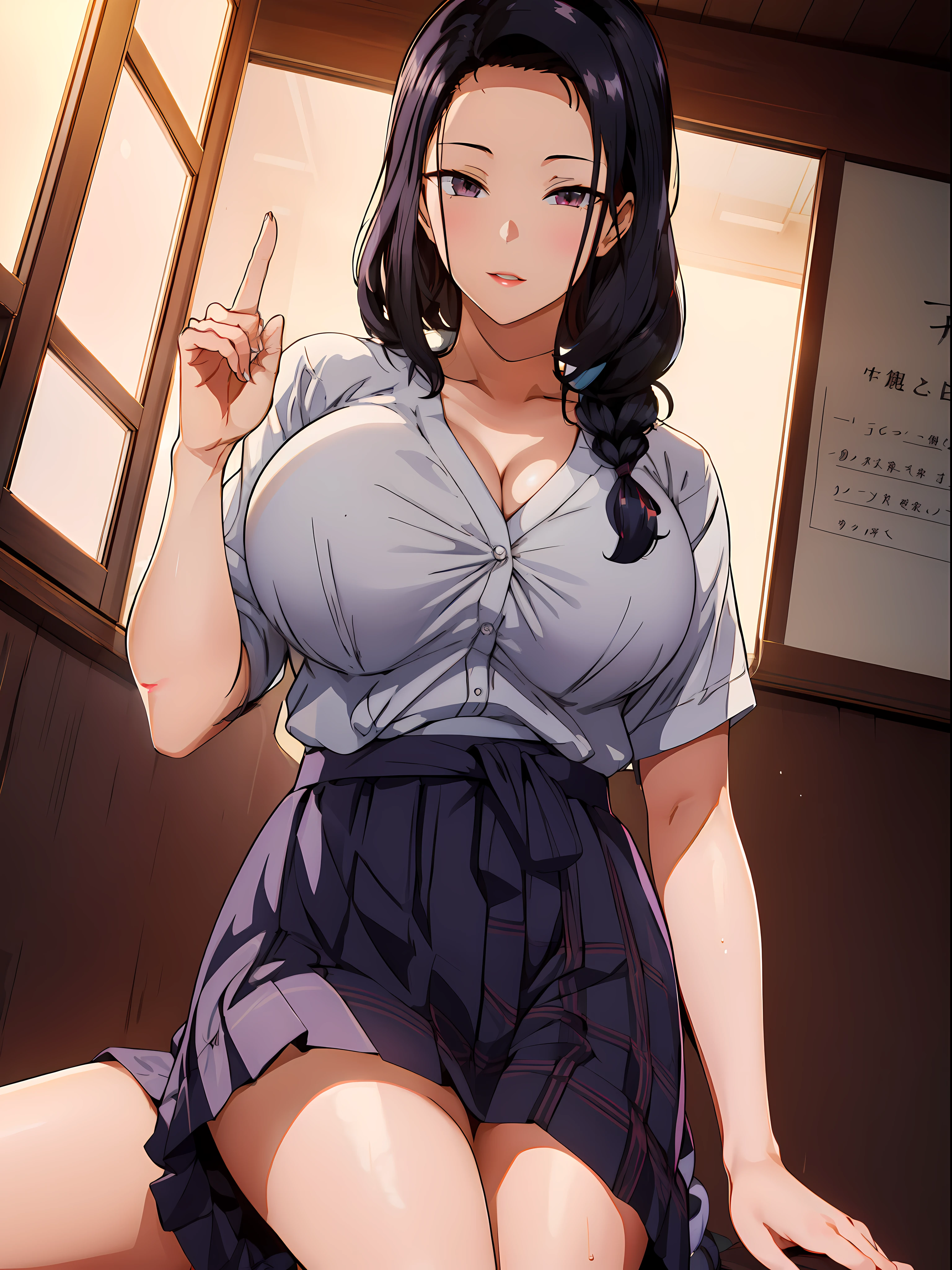 (highres, high quality, best quality:1.3), intricate details, vibrant image, colorful, volumentric lighting, saiminseishidou, Tsubaki Miyajima, 1girl, solo, cowboy shot, (from below:1.2), looking down, looking at viewer, eye contact, (spread legs:1.2), (skirt tug:1.3),
(seductive look:1.2), seductive smile,
(high school teacher outfit:1.4),cleavage,
black_hair, long_hair, hair_pulled_back,parted_lips,purple_eyes, braid,
1 girl, 24yo,mature female,Beautiful Finger,Beautiful long legs,Beautiful body,Beautiful Nose,Beautiful character design, perfect eyes, perfect face, perfect fingers, perfect hands, perfect breasts, perfect body, perfect mouth, perfect lips,
looking at viewer, in the center of the image,
SFW,official art,extremely detailed body, exteremly detailed face, extremely detailed hair, extremely detailed eyes, wallpaper, perfect lighting,Colorful, Bright_Front_face_Lighting,
(masterpiece:1.0), ultra high res,4K,ultra-detailed, 8K, HDR, highres, absurdres:1.2, Kodak portra 400, film grain, blurry background, bokeh:1.2, lens flare, (vibrant_color:1.2)
(Beautiful,large_Breasts:1.2), (beautiful_face:1.5),(narrow_waist),