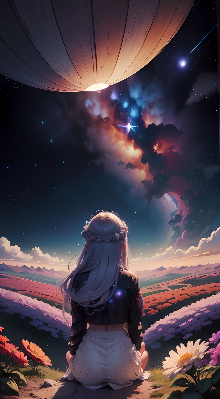 Uma menina em um campo de flores, vista de baixo para cima, cosmic view, galaxias, cometas, lua cheia, cena de anime, estilo anime,