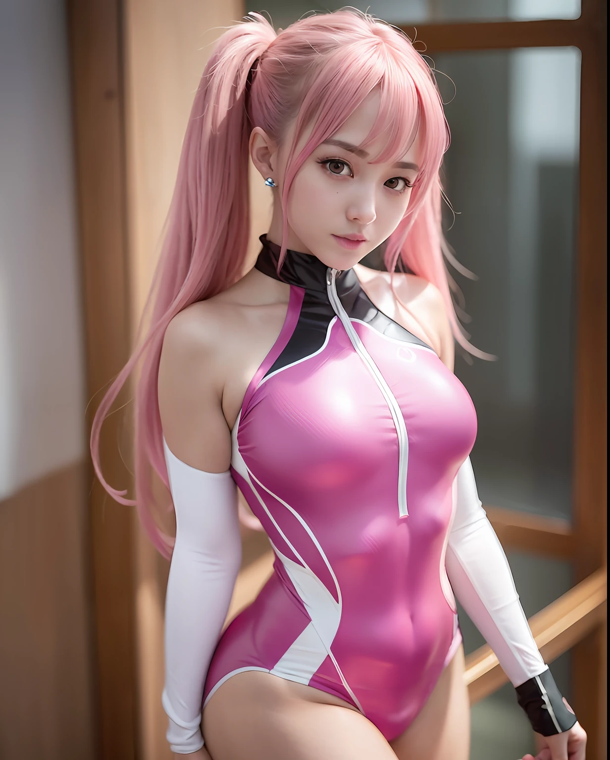 ulzzang-6500-v1.1,(raw photo:1.2),((photorealistic:1.4)),best quality ,masterpiece, illustration, an extremely delicate and beautiful, extremely detailed ,CG ,unity ,8k wallpaper, Amazing, finely detail, official art,extremely detailed CG unity 8k wallpaper,absurdres, incredibly absurdres, huge filesize, ultra-detailed, highres, beautiful detailed girl, extremely detailed eyes and face, beautiful detailed eyes,light on face,cinematic lighting,((extremely pink tight suit clothing)),1girl,full body,full-body shot,looking at viewer,((light pink hair)), red eyes,((bliss)), best detailed background, ((cosplay)), (smile), twintails, ((hold a rifle)),