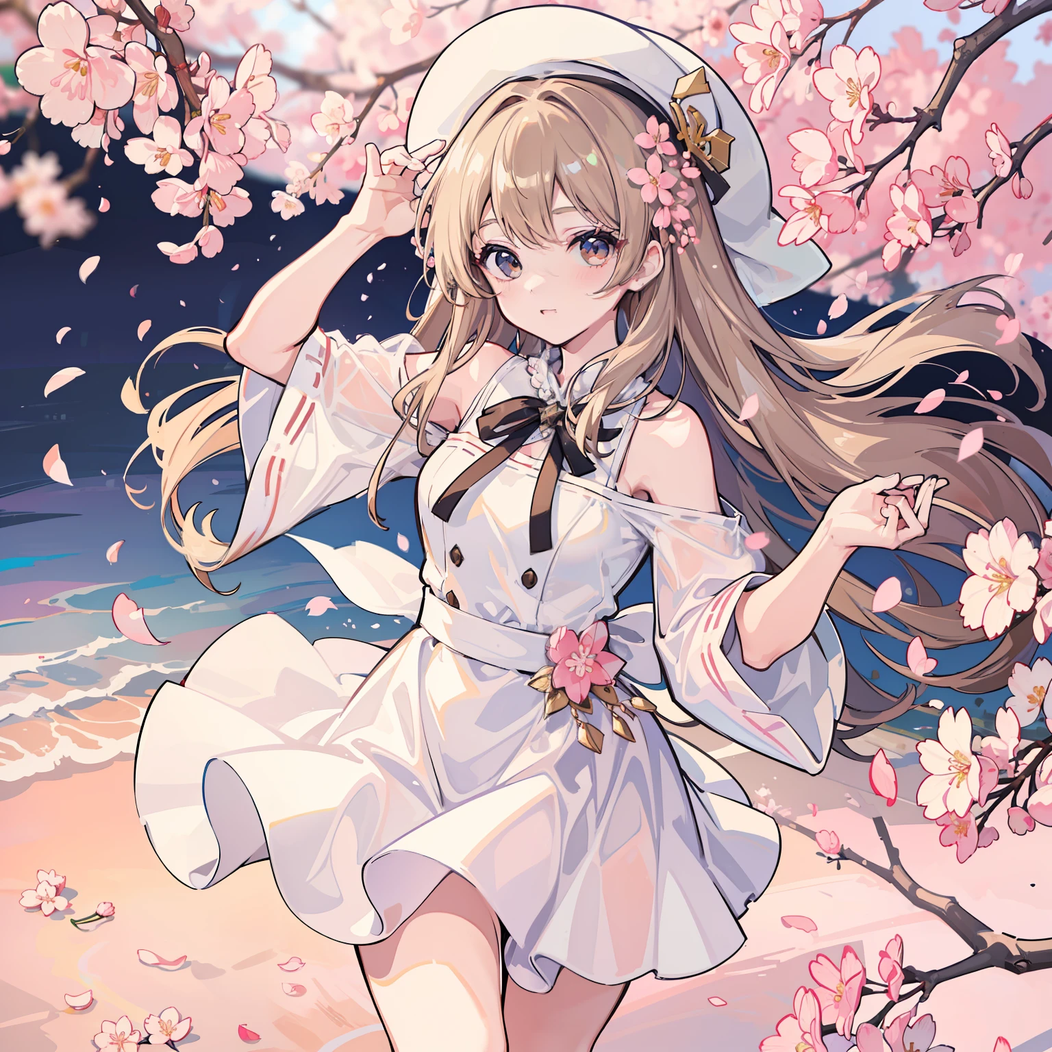 Illustration of a dancing young woman, masterpiece, fine details, 4k, 8k, 12k, solo, one person, beautiful girl, white woman, white hat, white dress, black ribbon, light brown hair, cherry blossoms, cherry blossom petals