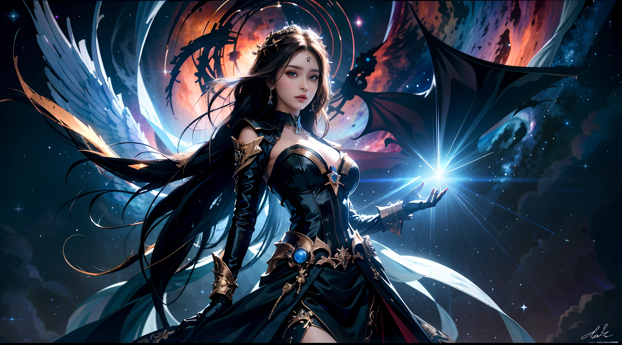（tmasterpiece）， （best qualtiy：1.4）， absurderes， [：intricately details：0.2]， angelicales，Large breasts，crosses， galactic，starrysky，Huge nebula，solar eclipse， Mysterious symbol，dramatics