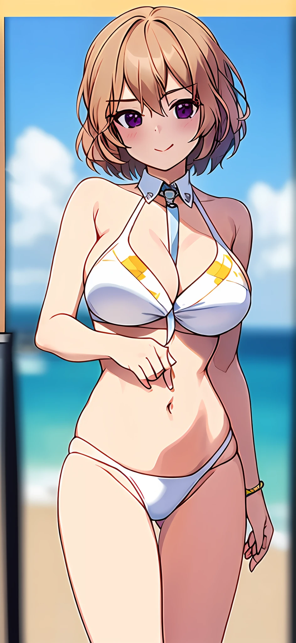 1girll,tmasterpiece,8K,Half realistic,4K,RTX,Shaders,brilliant texture work,White bikini swimsuit,Caressing his belly with her hand,Stroke the navel,Seductive smile,innocent smiles