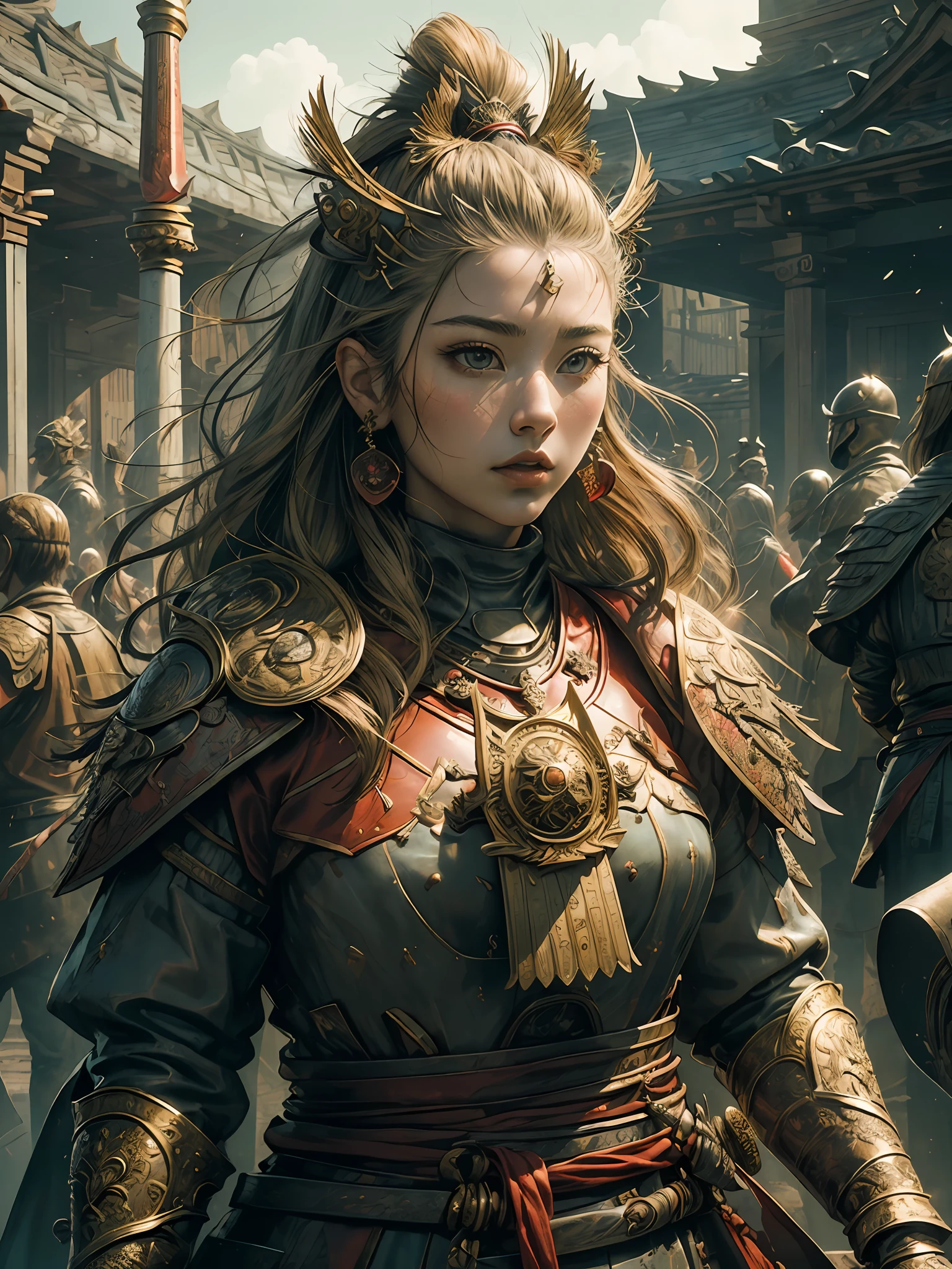 ((masterpiece))), (((best quality))), ((ultra-detailed)), (hyperrealistic), (highly detailed artwork), natural lighting, photorealistic, extremely beautiful young lady, light makeup, intricate detailed eaba, samurai, red cape, spear, shining, gloss, crisp, flirty, statues, epic