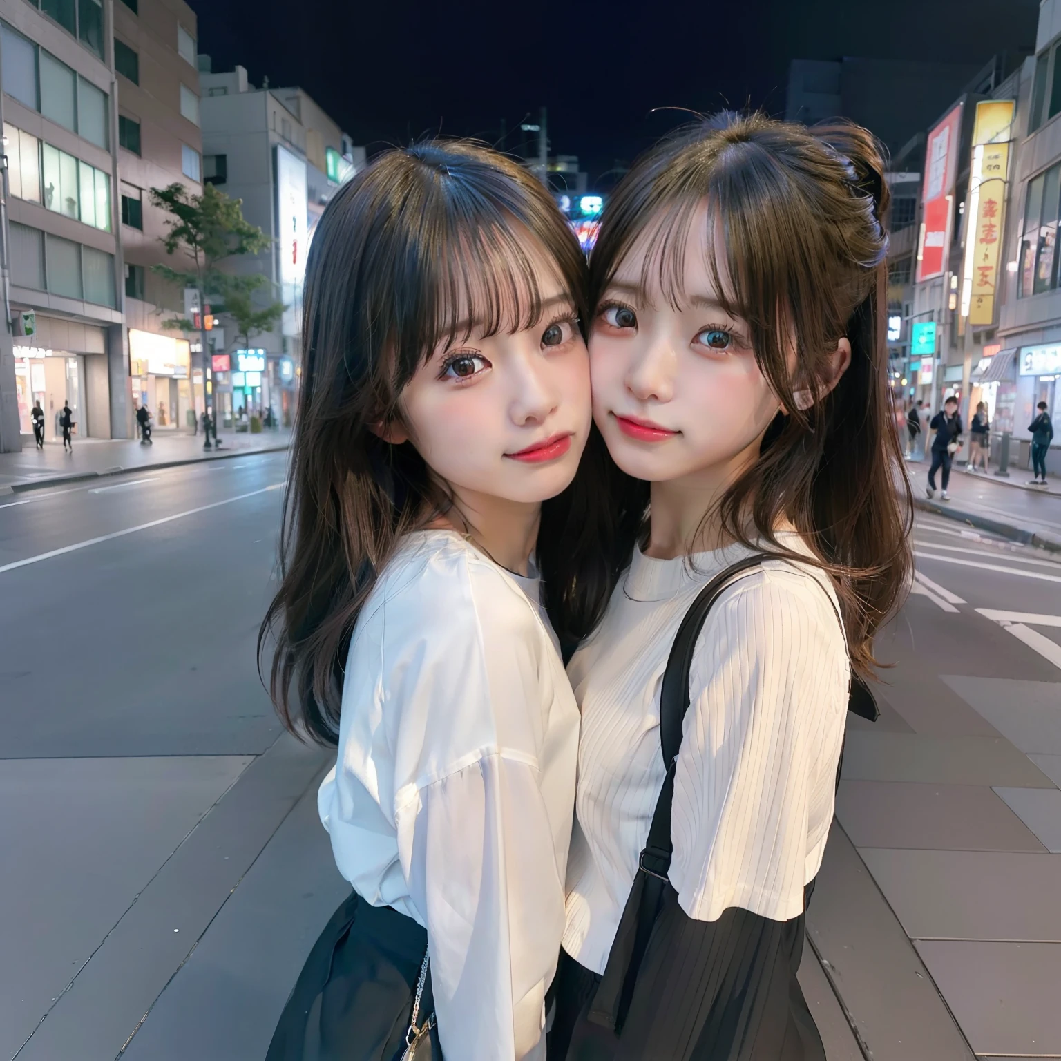 女の子1人、modeled、on tokyo street、natta、A city scape、city light、(in 8K、Raw photography、top-quality、masterpiece:1.2)、(realisitic、photoRealstic:1.37)、a smile、full bodyesbian, tongue-out
