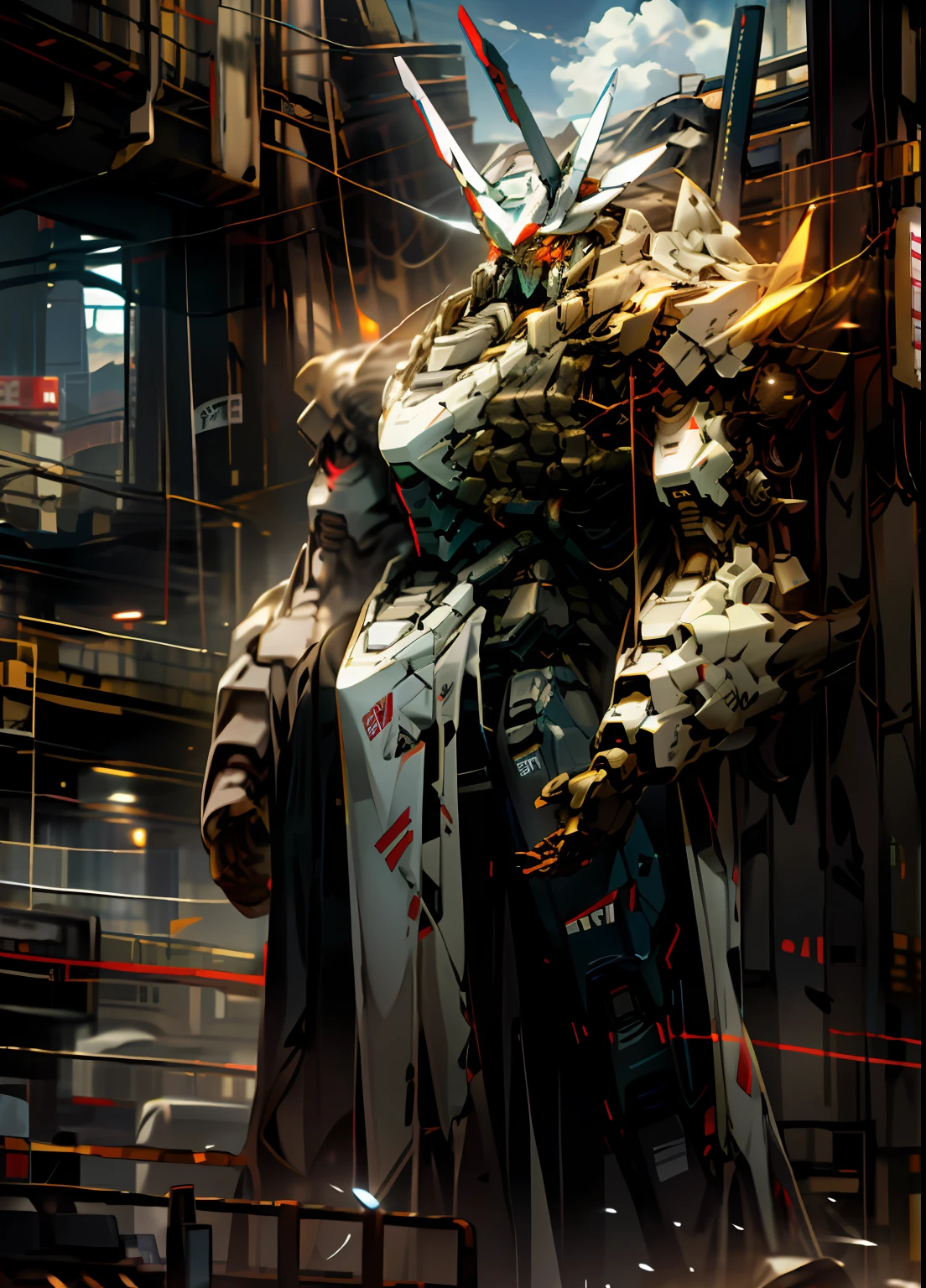 sky, cloud, holding_weapon, no_humans, glowing, , robot, building, glowing_eyes, mecha, science_fiction, city, realistic,mecha