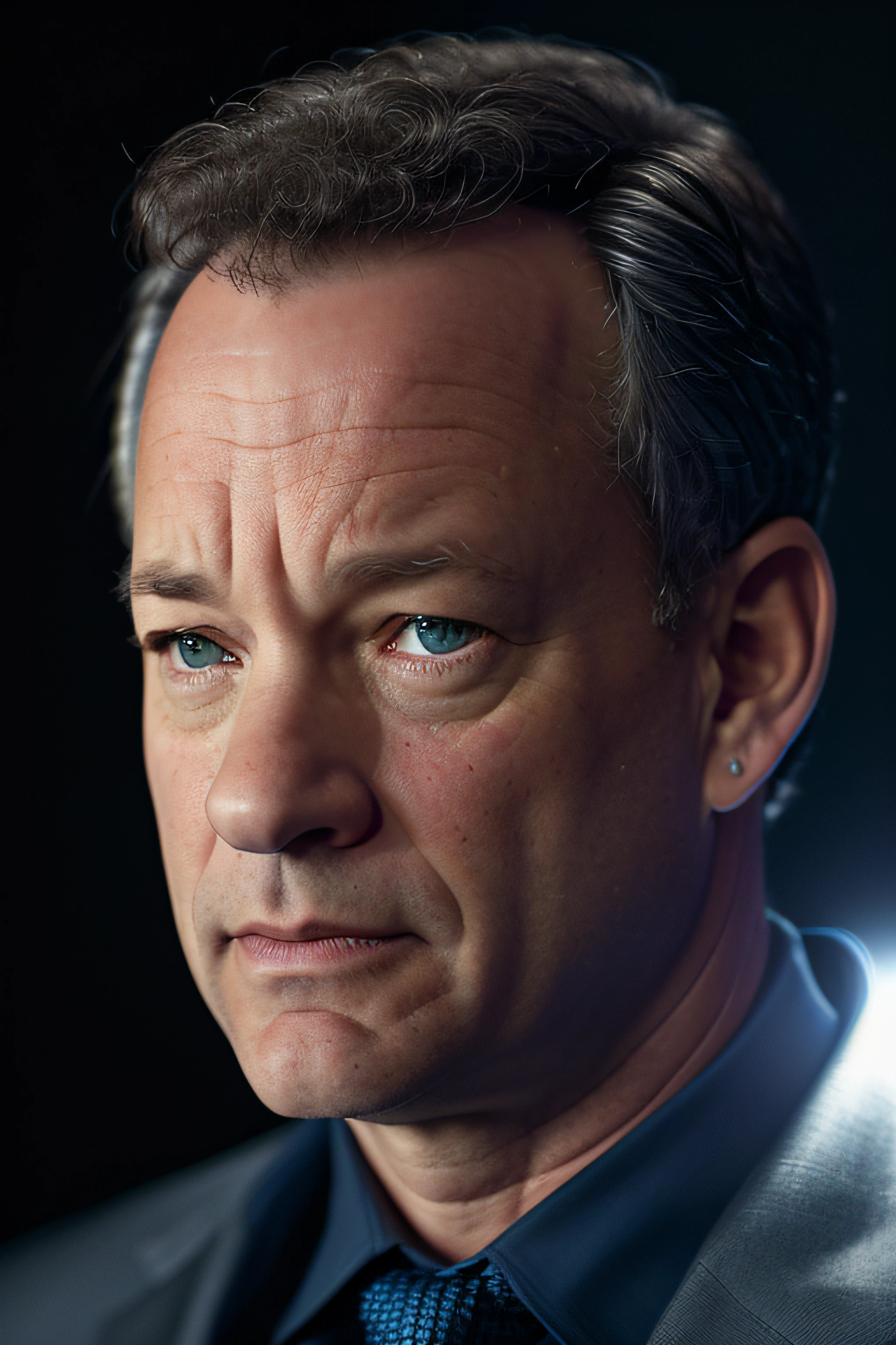 retrato hiper realista de uma foto frontal, plano americano. foto premiada de Tom hanks, posing in a dark suit in a dark studio, (Rim lighting,: 1.4) dual-tone lighting, foco nítido, Blue-oil hue, octanagem, irreal, mal iluminado, chave baixa,