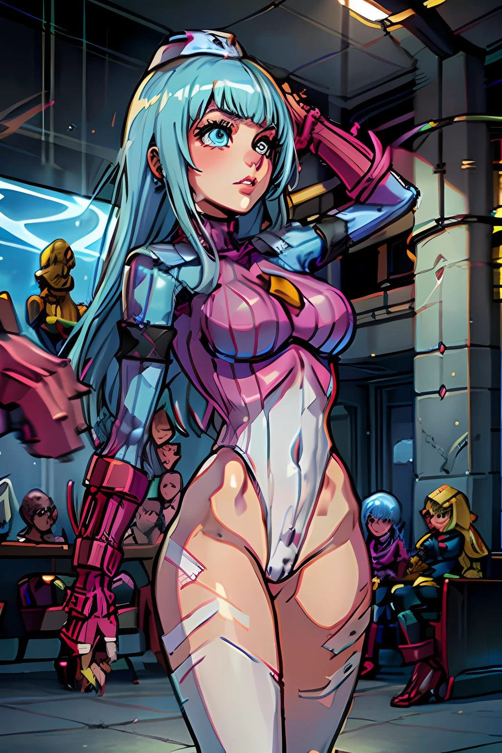1girl, envejecido, bashful, (Diamante Kula:1.2), solamente, senos medianos, Borrosa, fondo borroso, tech, adiestramiento, (Doll suit:1.3), (leotardo blanco, Leotardo Rosa:1.1), Poderes de hielo, ojos azules,
