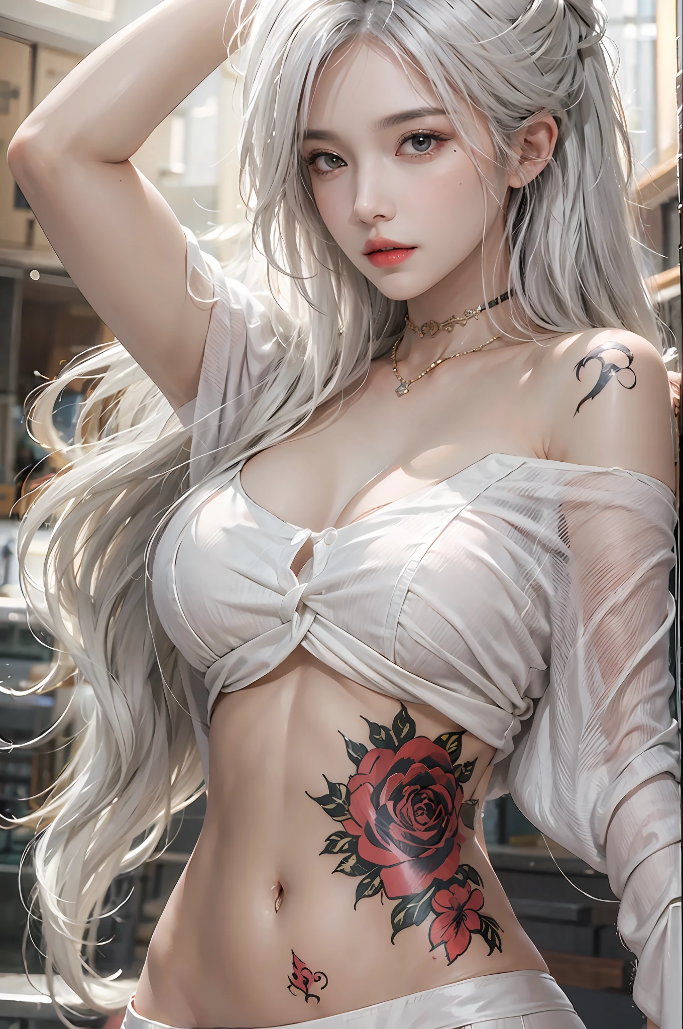 photorealistic, high resolution, 1women, solo, hips up, look at viewer, (detailed face), white hair, long hair, medium breasts, Stomach tattoos