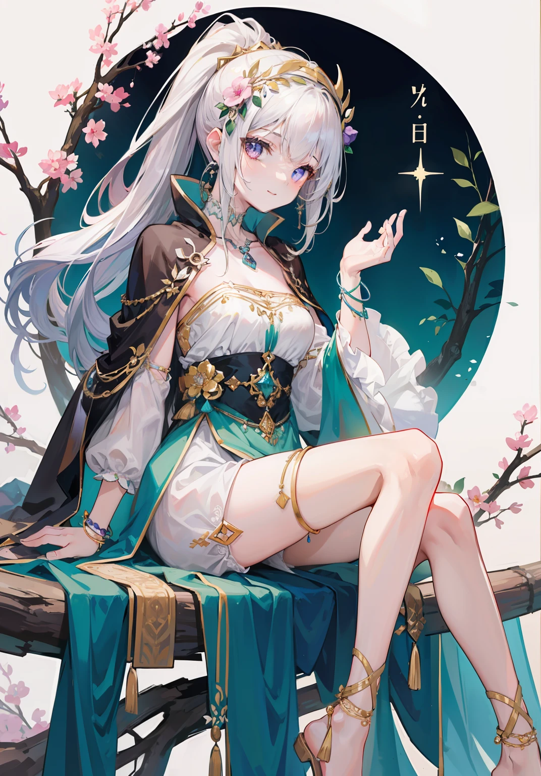 Wearing white silk shorts,metal decoration,Hanging tassels(Extremely delicate and beautiful:1.2),1girll,Not exposed,Cover your thighs ,Covers most of the waist,High-chested bandeau,long white hair,High ponytail,Bow and arrow in hand,metal decoration,Anklets,Bracelet,Dark green lined cloak,brown clothes,Dark green bandeau,Dark shawl,Lilac eyes,with a round face,ssmile,Surrounded by falling flowers,long cape,Sit on a tree trunk,Clothes cover the legs,Exotic,Covers part of the waist,metal headband,There are floral ornaments on the hair,Metal leg ring,Pedras preciosas,Sit on a tree,ssmile,forest backgrou,Flip the collar down,Bare arms,No collar,Bare entire arms,No collar,Triangle gemstone necklace,Barefoot