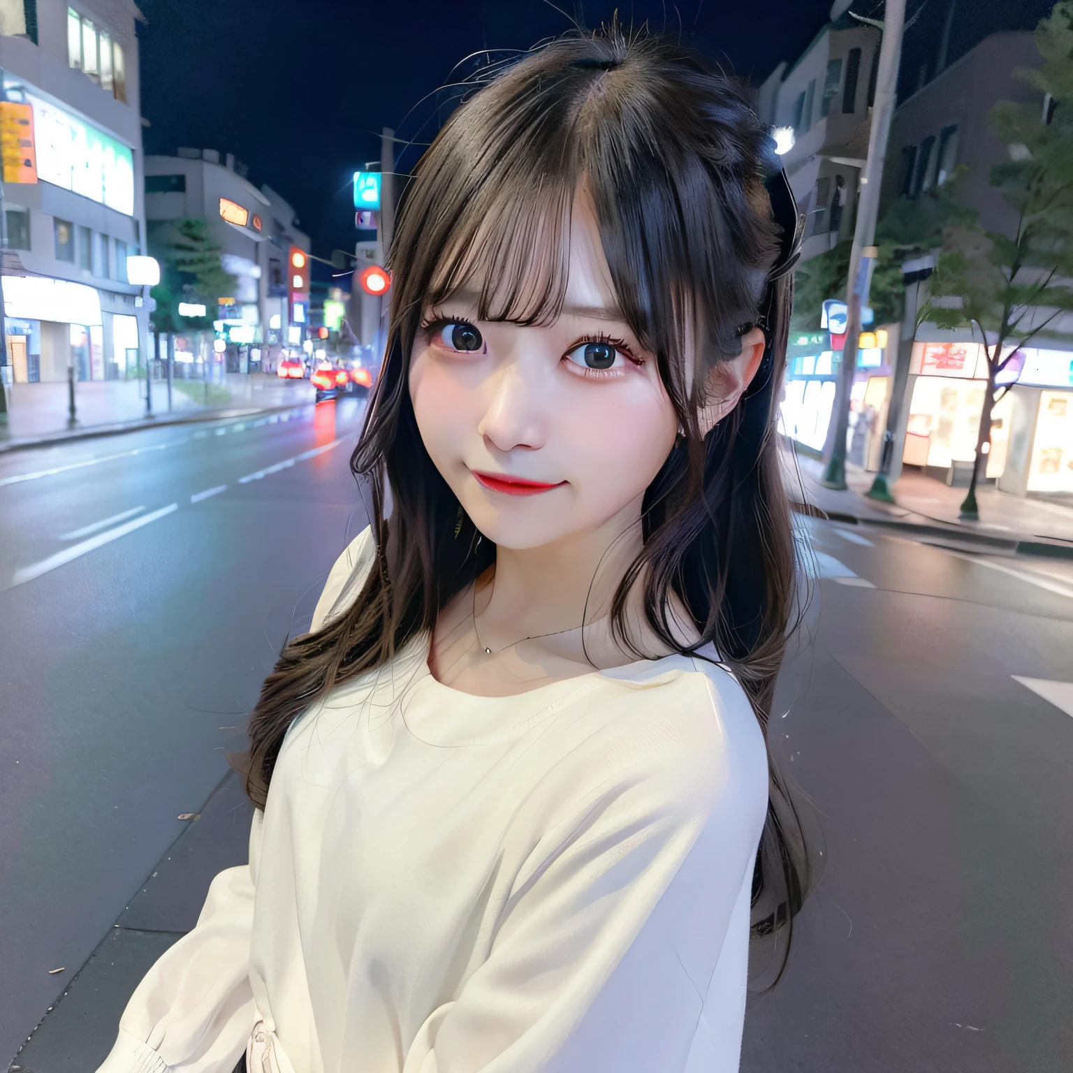 女の子1人、modeled、on tokyo street、natta、A city scape、city light、(in 8K、Raw photography、top-quality、​masterpiece:1.2)、(realisitic、photoRealstic:1.37)、a smile、full bodyesbian, tongue-out