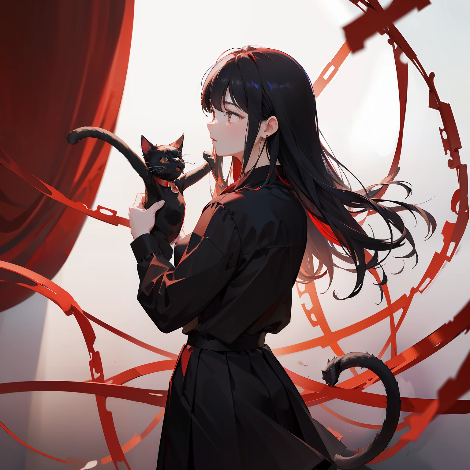 masterpiece、hightquality、vivd colour、(((Long Black Hair)))、(((Red Shirt)))、(((a black skirt)))、(((cat hand)))、With a kitten