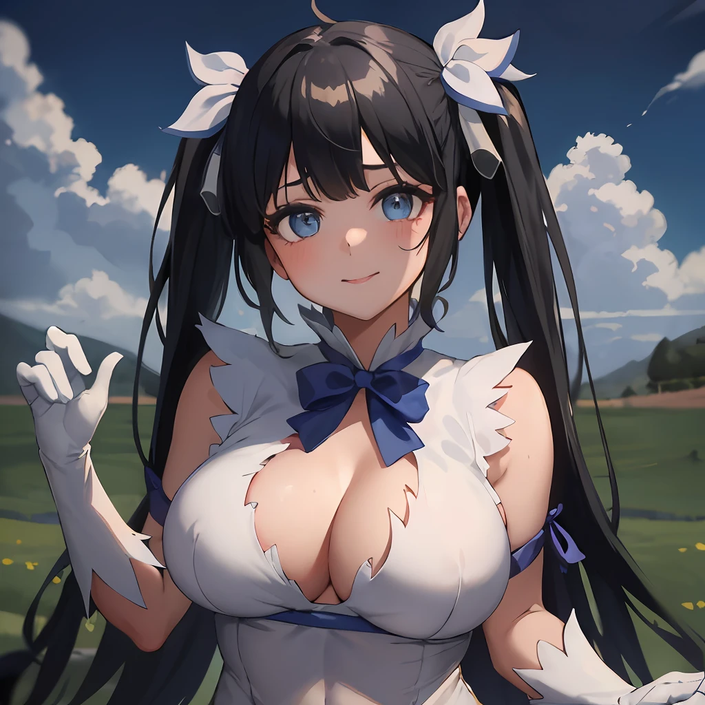masterpiece, best quality, long eyelashes, eyeliner, eyeshadow, mascara, colorful, pink lips, deep skin, looking at viewer, upper body, curvy, hestia (danmachi), 1girl, breasts, solo, long hair, blue ribbon, twintails, gloves, ribbon, dress, rei no himo, large breasts, blue eyes, black hair, white gloves, cleavage, white dress, looking at viewer, light smile, closed mouth, hair ribbon, bow, sleeveless, sleeveless dress, bangs, blush, cleavage cutout, hair ornament, bowtie, clothing cutout, very long hair, covered navel, arm ribbon, shiny skin, outdoors, grassy fields, blue sky, cloudy sky, tight, taut dress, breast focus, upper body, (masterpiece:1.47746), (highly_detailed:1.05), (highres:1.05), ultra detailed, 100-layers, extremely detailed, intricate, absurdres, small details, ultra detailed, detailed eyes, (intricate details, volumetric lighting, cinematic lighting, award-winning, macro vivid colors, rule of thirds, majestic, detailed, elegant), colorful, realistic lighting, breasts hold