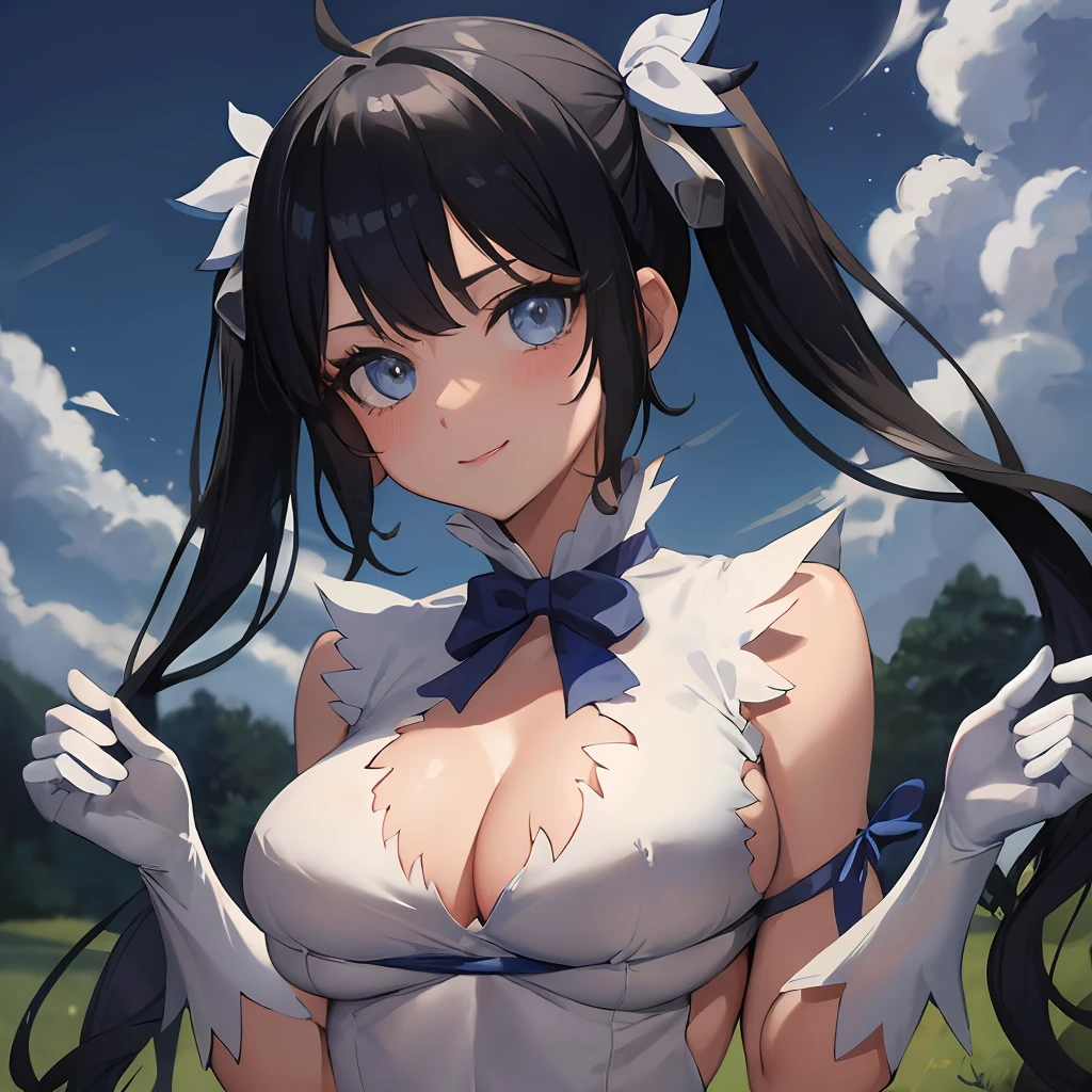 masterpiece, best quality, long eyelashes, eyeliner, eyeshadow, mascara, colorful, pink lips, deep skin, looking at viewer, upper body, curvy, hestia (danmachi), 1girl, breasts, solo, long hair, blue ribbon, twintails, gloves, ribbon, dress, rei no himo, large breasts, blue eyes, black hair, white gloves, cleavage, white dress, looking at viewer, light smile, closed mouth, hair ribbon, bow, sleeveless, sleeveless dress, bangs, blush, cleavage cutout, hair ornament, bowtie, clothing cutout, very long hair, covered navel, arm ribbon, shiny skin, outdoors, grassy fields, blue sky, cloudy sky, tight, taut dress, breast focus, upper body, (masterpiece:1.47746), (highly_detailed:1.05), (highres:1.05), ultra detailed, 100-layers, extremely detailed, intricate, absurdres, small details, ultra detailed, detailed eyes, (intricate details, volumetric lighting, cinematic lighting, award-winning, macro vivid colors, rule of thirds, majestic, detailed, elegant), colorful, realistic lighting, breasts hold