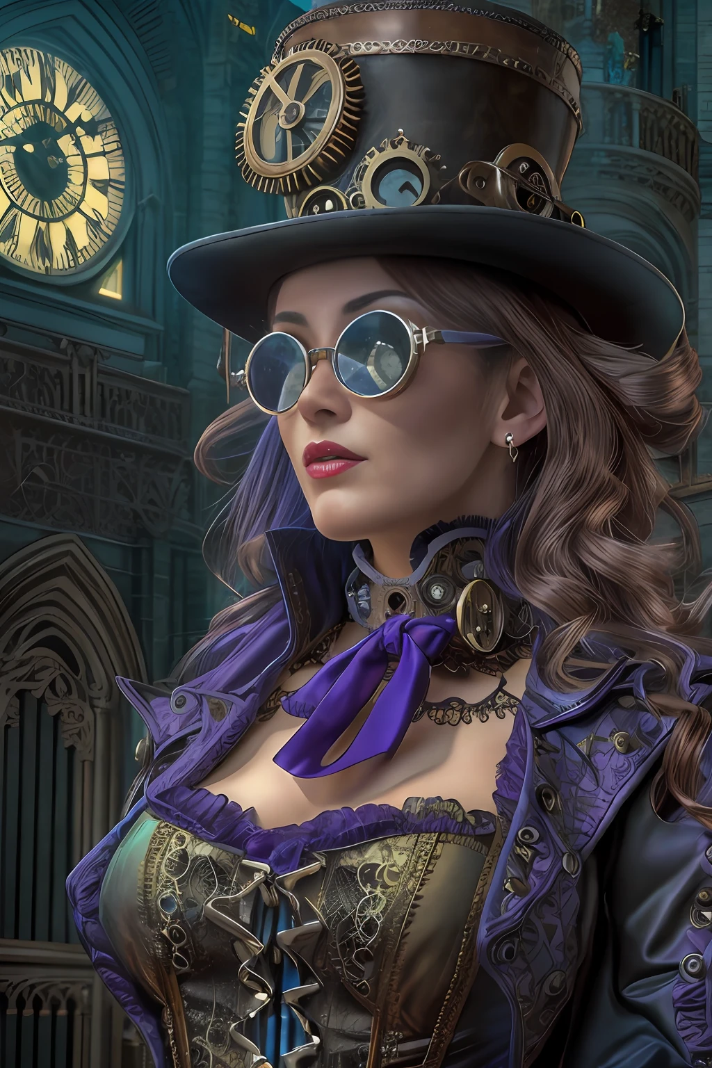 Hyperrealist full shot of a sexy malicious steampunk gal by david hockney and alphonse mucha, purple corset, photography art, photo hyper-realistic, dynamic lighting, artstation, poster, volumetric lighting, very detailed faces, 4 k, award winning, 1girl, gothic cathedral n background, deep shadow,(steampunk clothing:1.4) ,long hair, steampunk intricate top hat