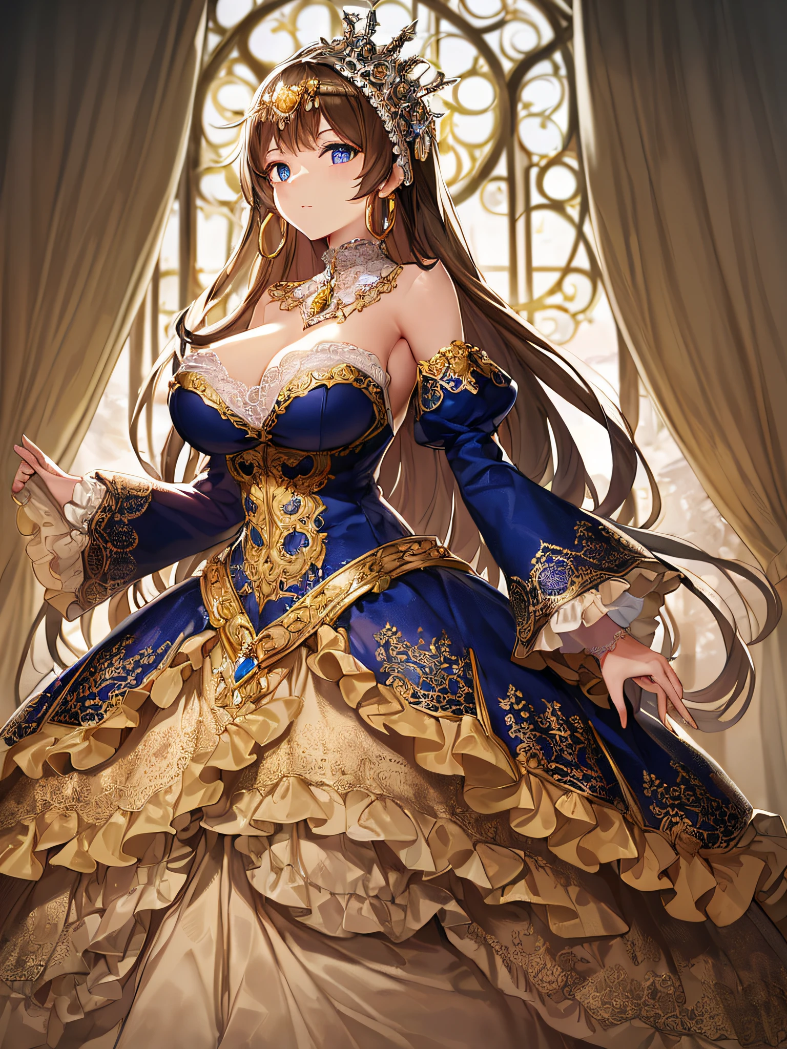 ((anime artstyle)),(Masterpiece),(Best Quality), (Super Detail),((Very Delicate and Beautiful)),((Solo)),((full body)),((1 princess in gorgeousfull rococo dress)),detailed face and eyes,jewel-like eyes,((voluminous Very Long Straight Hair)),((gigantic breasts,Long breasts)),skindentation,((gorgeousfull embroidery and lace)),gorgeous corsage,See-through,gorgeousfull hair ornament,gorgeousfull glitter jeweled tiara,ornate ruffles,((full body)),((hoop skirt,crinoline)),Dynamic Angle,Looking at viewer,(((gorgeous embroidery gorgeousfull rococo dress)),full body