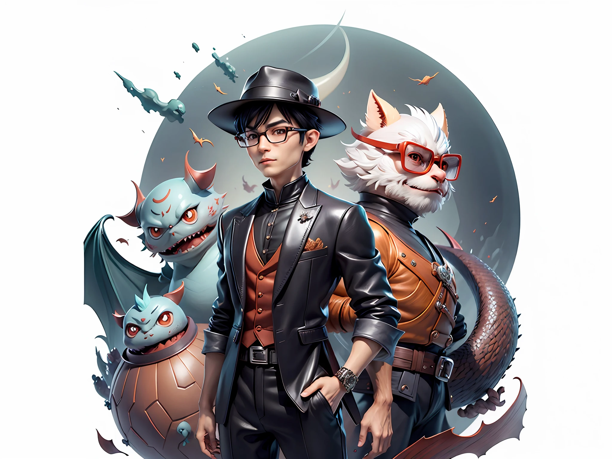 Young man with oriental face in leather hat, dragon, formal suit, short black hair, silver glasses, digital painting, 3D character design by Mark Clairedon and Pixar and Hayao Miyazaki and Akira Toriyama, the illustration is a high-definition illustration in 4K resolution with very detailed facial features and cartoon-style visuals.