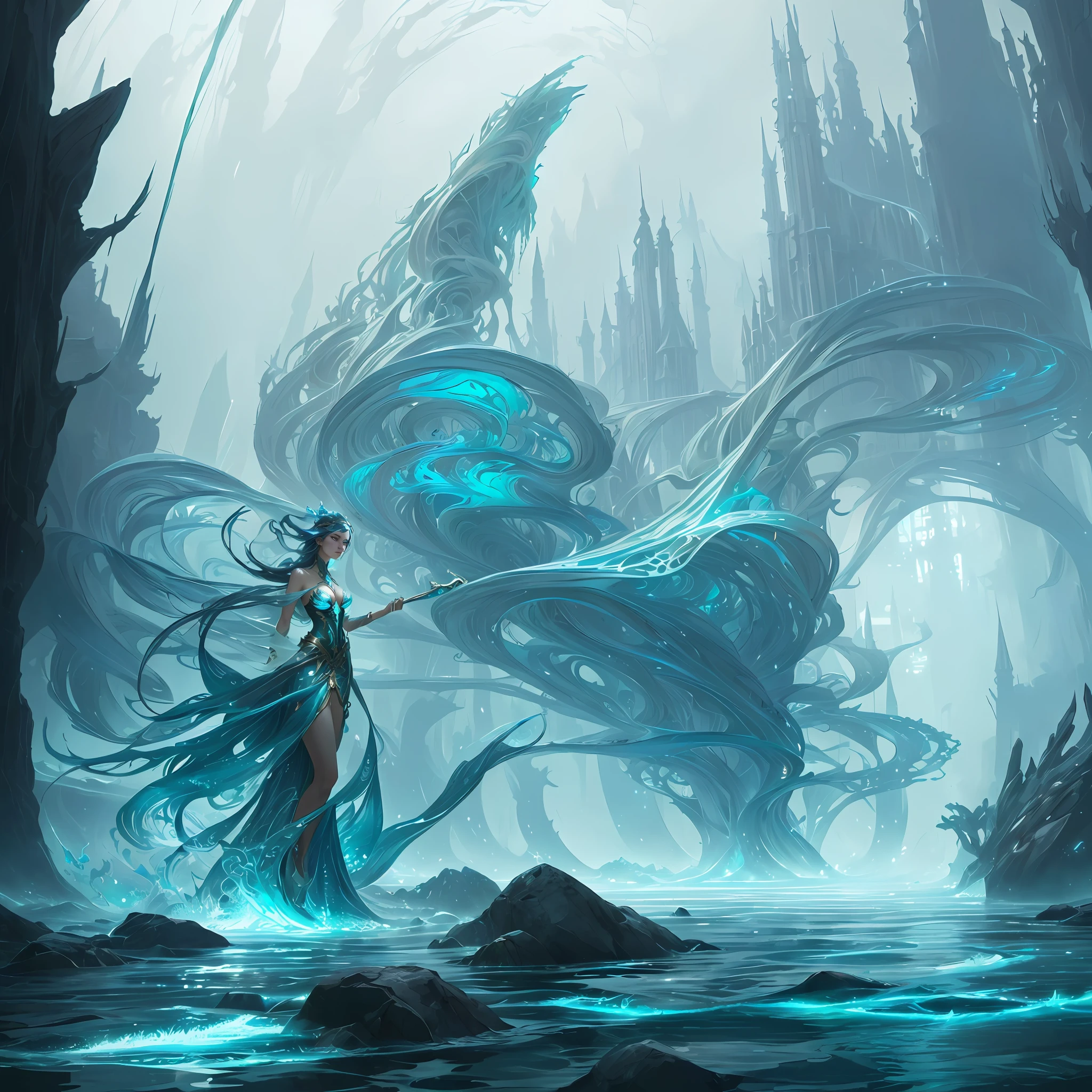 "A female figure emerges from the rippling water, water control, her graceful presence accentuated by the ethereal surroundings, inspired by Jeremy Chong's award-winning concept art. The fantasy elements blend seamlessly with the art style reminiscent of Mohrbacher, creating a captivating and immersive visual masterpiece."