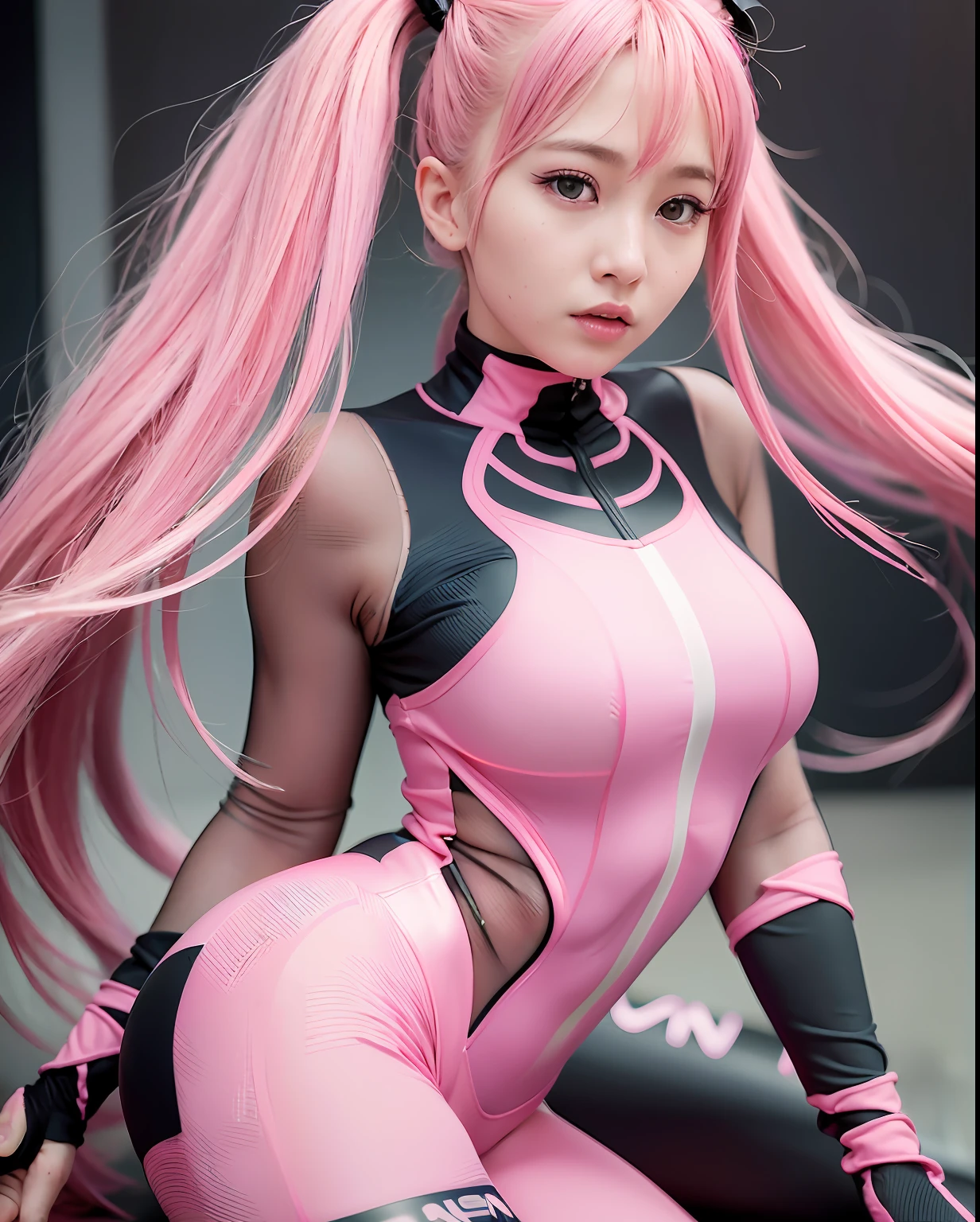 ulzzang-6500-v1.1,(raw photo:1.2),((photorealistic:1.4)),best quality ,masterpiece, illustration, an extremely delicate and beautiful, extremely detailed ,CG ,unity ,8k wallpaper, Amazing, finely detail, official art,extremely detailed CG unity 8k wallpaper,absurdres, incredibly absurdres, huge filesize, ultra-detailed, highres, beautiful detailed girl, extremely detailed eyes and face, beautiful detailed eyes,light on face,cinematic lighting,((extremely pink tight suit clothing)),1girl,full body,full-body shot,looking at viewer,((light pink hair)), red eyes,((bliss)), best detailed background, ((cosplay)), (smile), twintails, ((hold a rifle)),