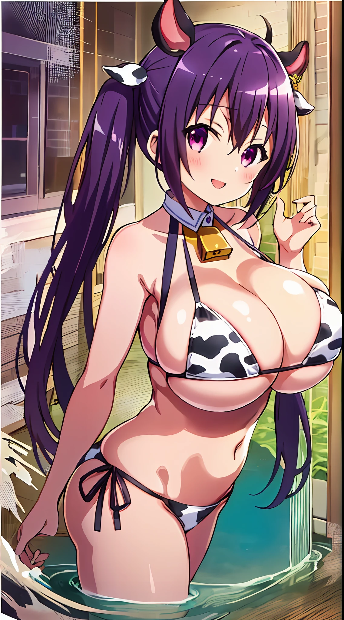 (masutepiece:1.0), (1girl), (huge breast), (Massive), (Smile), (Looking at Viewer), (twintail), (Cow paint:1.1), (bikini), (Sea)