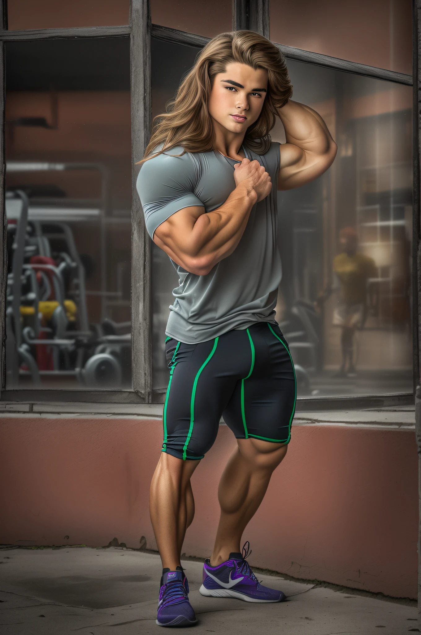 18 year old boy bodybuilding competitor, embodying the perfect fusion of Davi Charvet and Spencer Boldman and Dominick Niccolai with long hair, arrogantly displaying his swoll pecs with a conceited smirk, Enhanced with HDR technology, this image depicts a true masterpiece, 4K resolution, in the style of furious fotog, outdoor lighting, light reflections