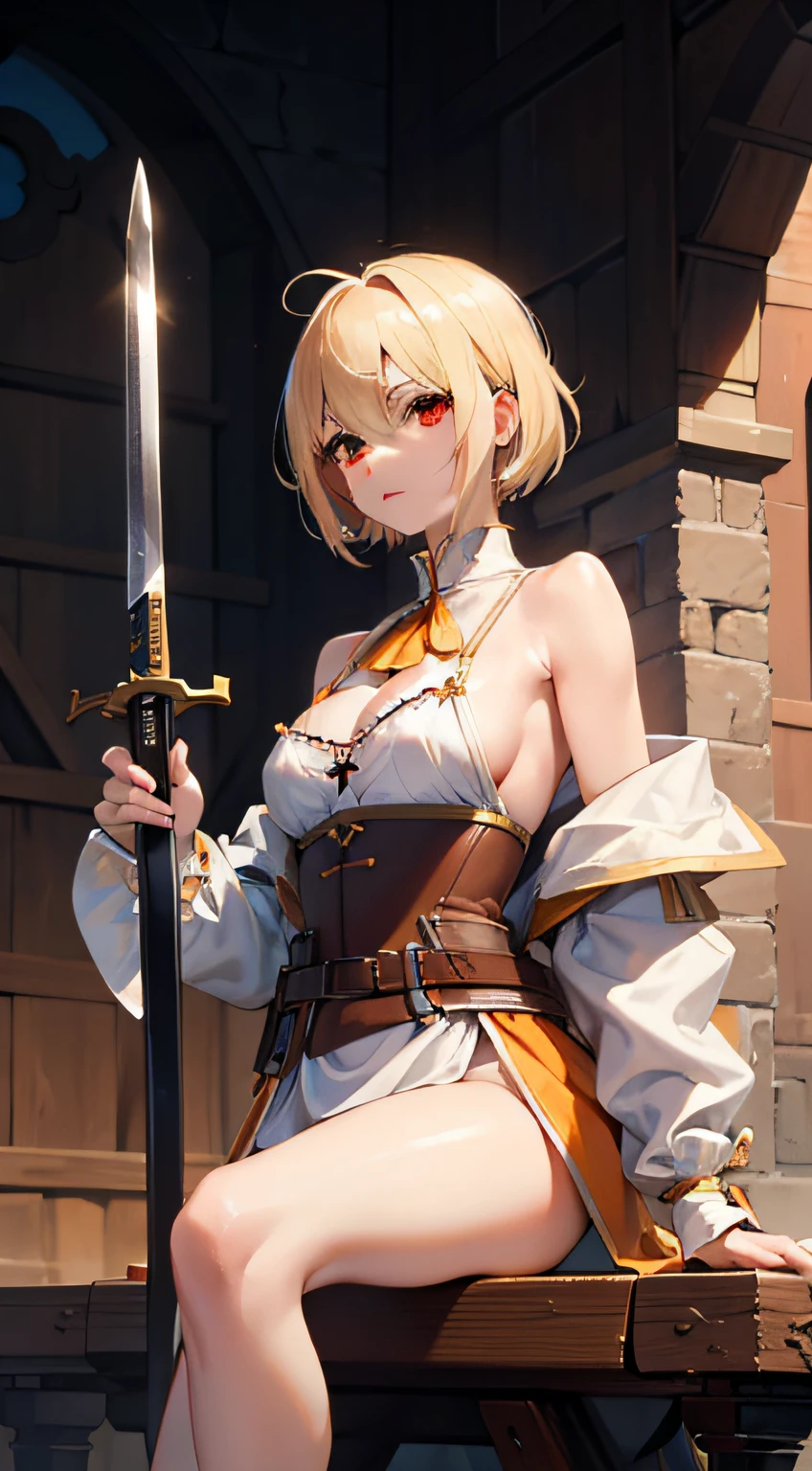 ,Perfect ,don quixote \(limbus company\, Naked、Blonde hair, Short hair, hair between eye, Orange Eyes, She straddles the bayonet、(Musketeers in medieval Europe )、hiqcgbody