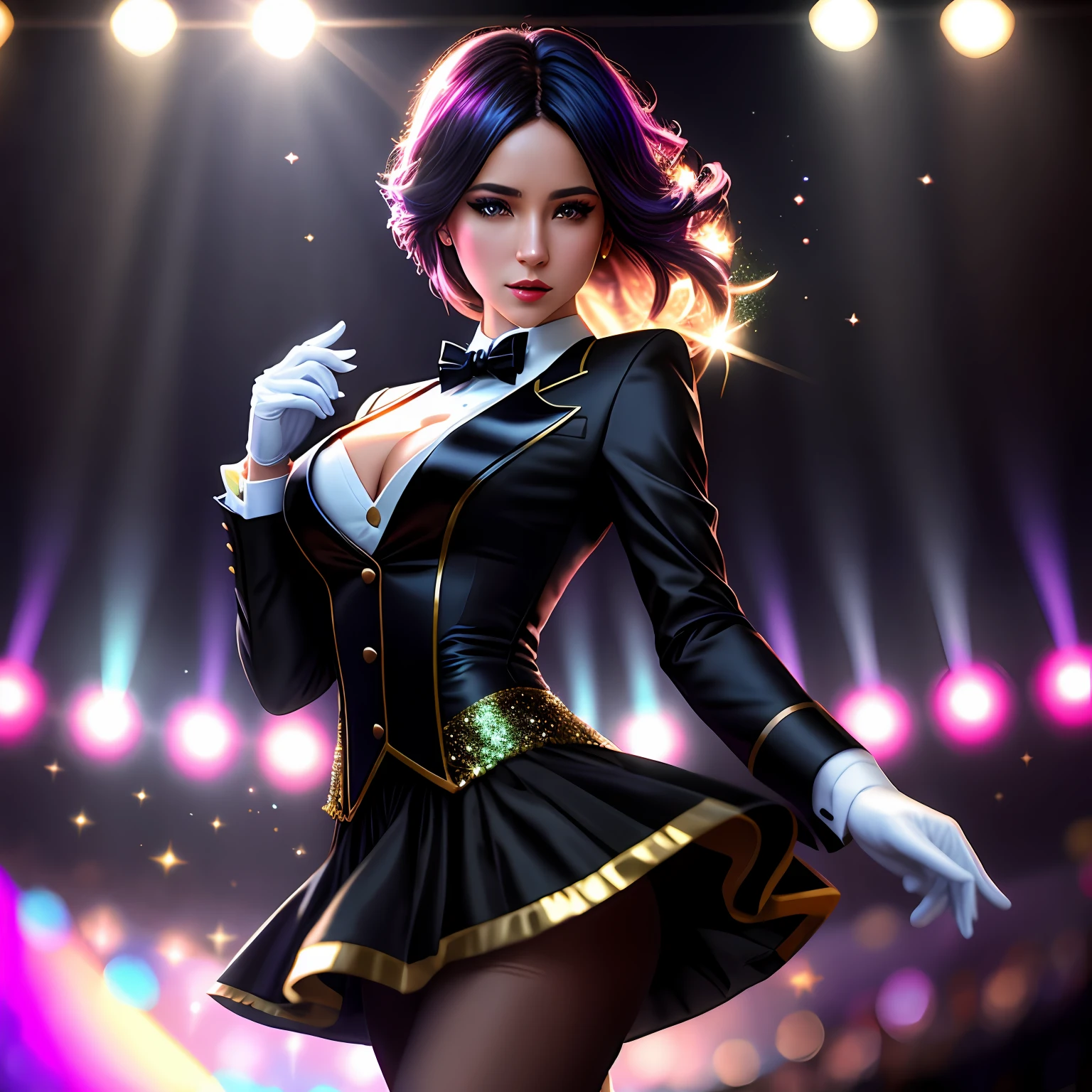 a photo portrait of beautiful female magician, formal tuxedo outfit, gloves, flat chested, (showing  cleavage), (fishnet pantyhose), sexy, sneaky expression, performing a magic card trick, sparks in the air, ((concert background)), best quality masterpiece, photorealistic, detailed, 8k, HDR, shallow depth of field, broad light, high contrast, backlighting, bloom, light sparkles, chromatic aberration, sharp focus, RAW color photo, cinematic lighting, octane render, volumetric lighting