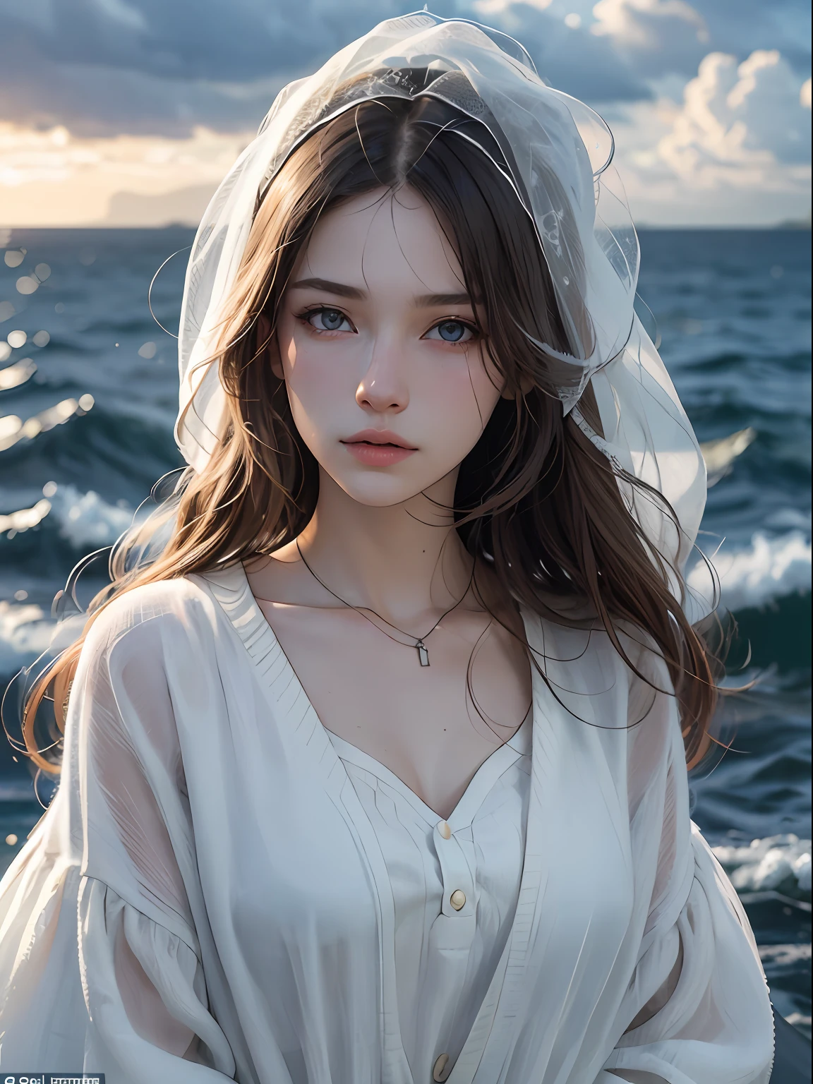 ((styled:Pure+ultra-realistic realism)，White skin texture，eyes with brightness)，lightand shade contrast，high textured，ultra HD picture quality，tall nose bridge，dynamic angle，Clouds and mountains，Ocean prospects，Light tracing，realisticlying，offcial art，Unity 8k壁纸，ultra - detailed，Beautiful and beautiful，tmasterpiece，best qualityer，Glowing skin，cinmatic lighting，Side Body