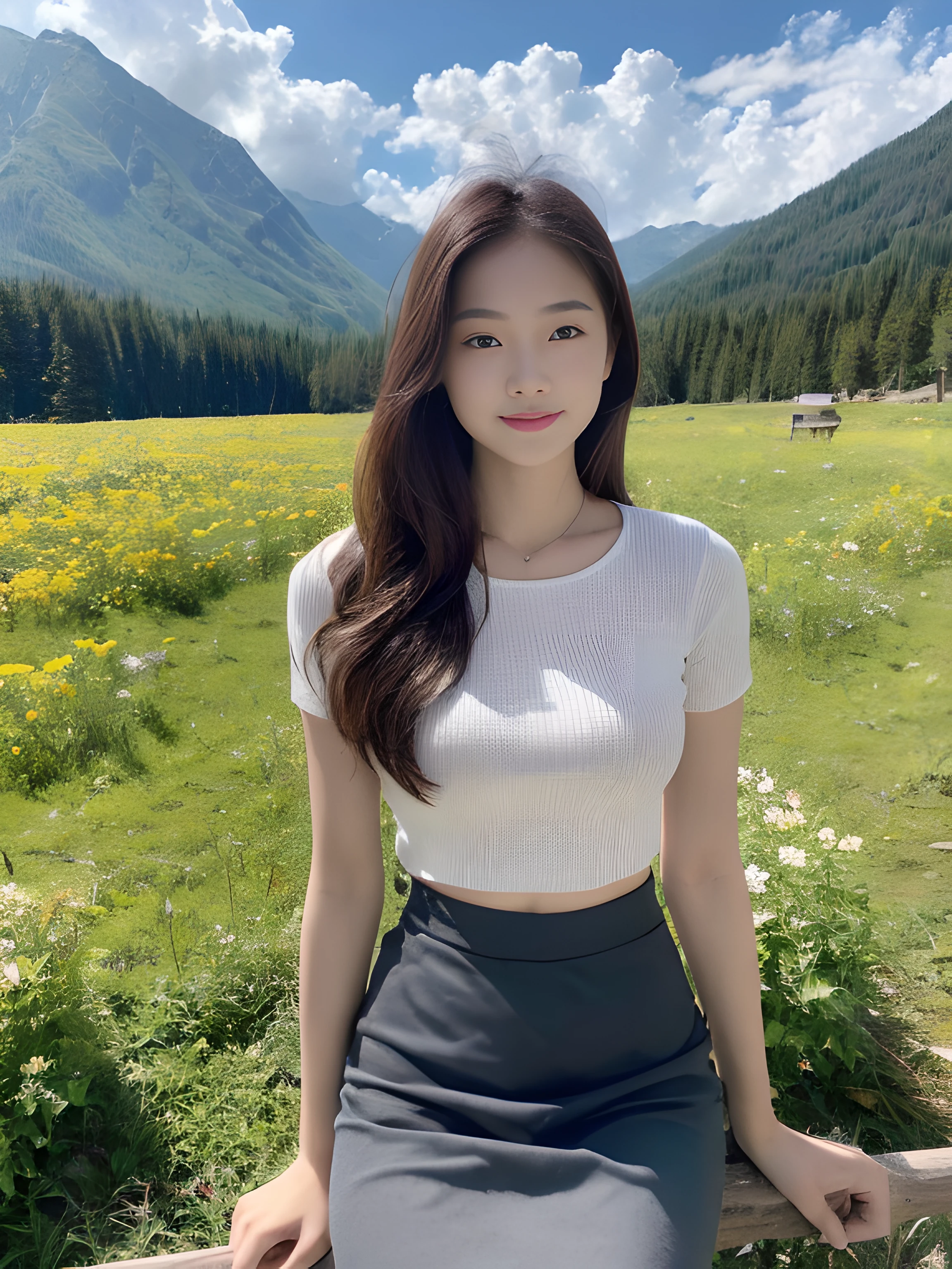 ((best qualtiy, 8K, tmasterpiece:1.3)),Focus:1.2, female high-school student,wooden cabin,(A look of determination)(adolable),delicated face,Long hair waist-length,long hair flowing,Tilt your head,ssmile,Hair details,Delicate Full Body Portrayal,Delicate depiction of the face,Best picture quality,A high resolution,细致背景,Delicate portrayal,exquisitedetails,Rich in detail,Facial strengthening,(grey crop top,short skirt),with blue sky and white clouds,wooden cabin,Sitting Among the Flowers,There are no bags under the eyes