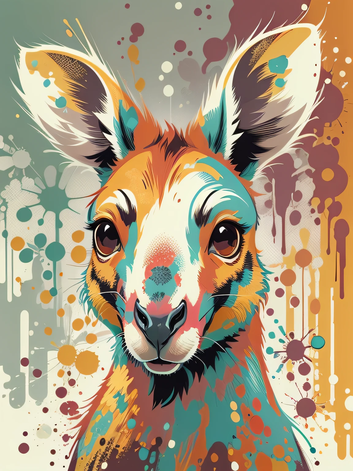 vector art, Colorful graffiti illustration of cute little kangaroo, Bright colors, paint splashes and blots, high detail, whitebackground