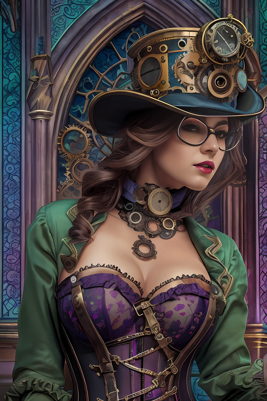 Hyperrealist full shot of a sexy malicious steampunk gal by david hockney and alphonse mucha, purple corset, photography art, photo hyper-realistic, dynamic lighting, artstation, poster, volumetric lighting, very detailed faces, 4 k, award winning, 1girl, gothic cathedral n background, deep shadow,(steampunk clothing:1.4) ,long hair, steampunk intricate top hat