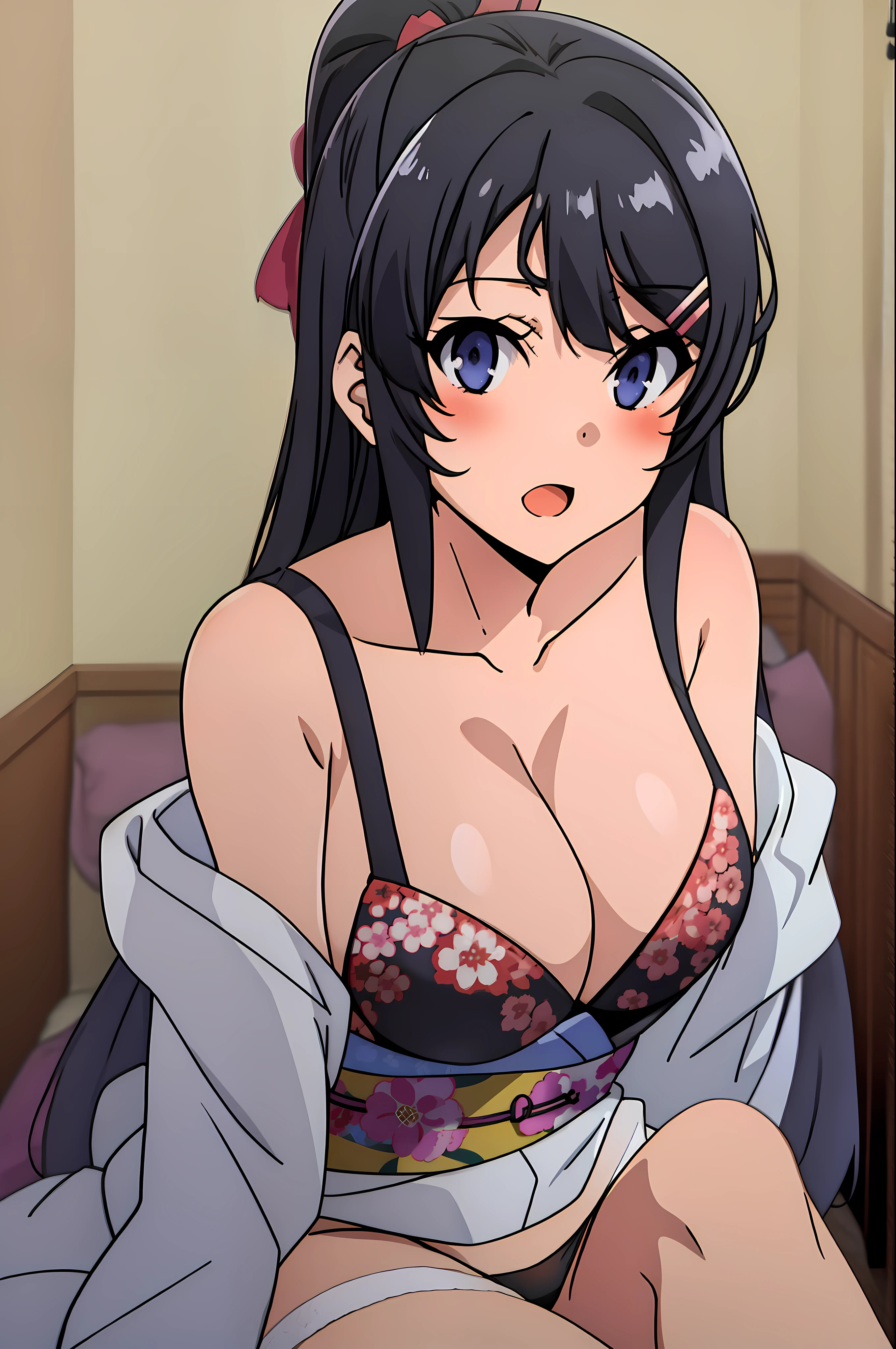 sakurajima mai, mai-san, (masterpiece), 1girl, japanese clothes, solo, kimono, red kimono, show panties, show bra, black panties, black bra, medium breasts, cleavage, blush, paintbrush, calligraphy brush, bedroom background, ink, bare shoulders, off shoulder, looking at viewer, sash, smile, collarbone, sitting, obi, floral print, wide sleeves, parted bangs, between breasts, holding, open mouth, nsfw, low-necked, sexy