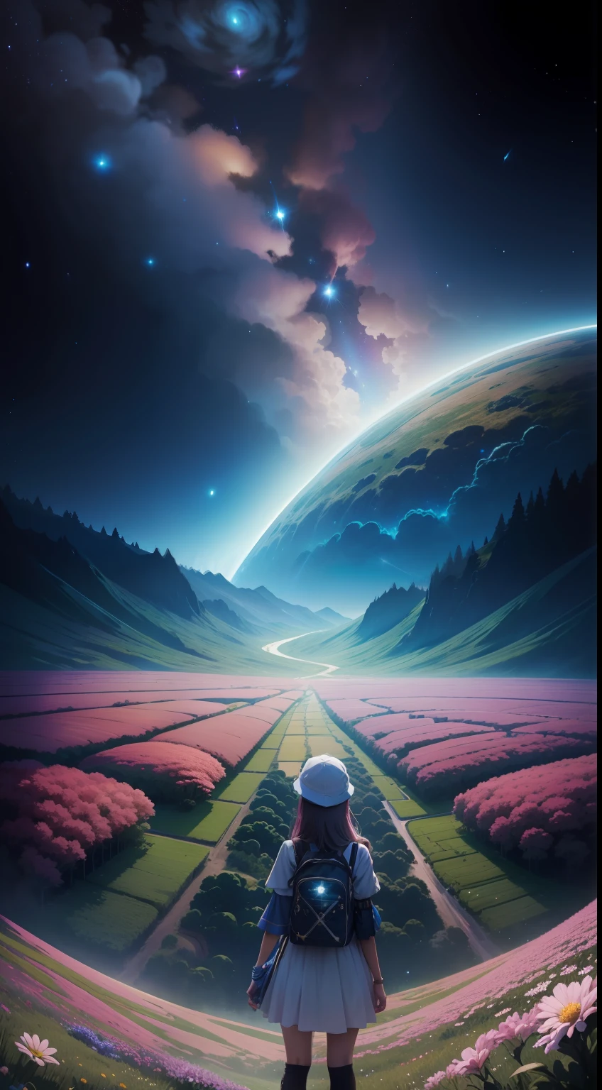 Uma menina em um campo de flores, vista de baixo para cima, cosmic view, galaxias, cometas, lua cheia, cena de anime, estilo anime,