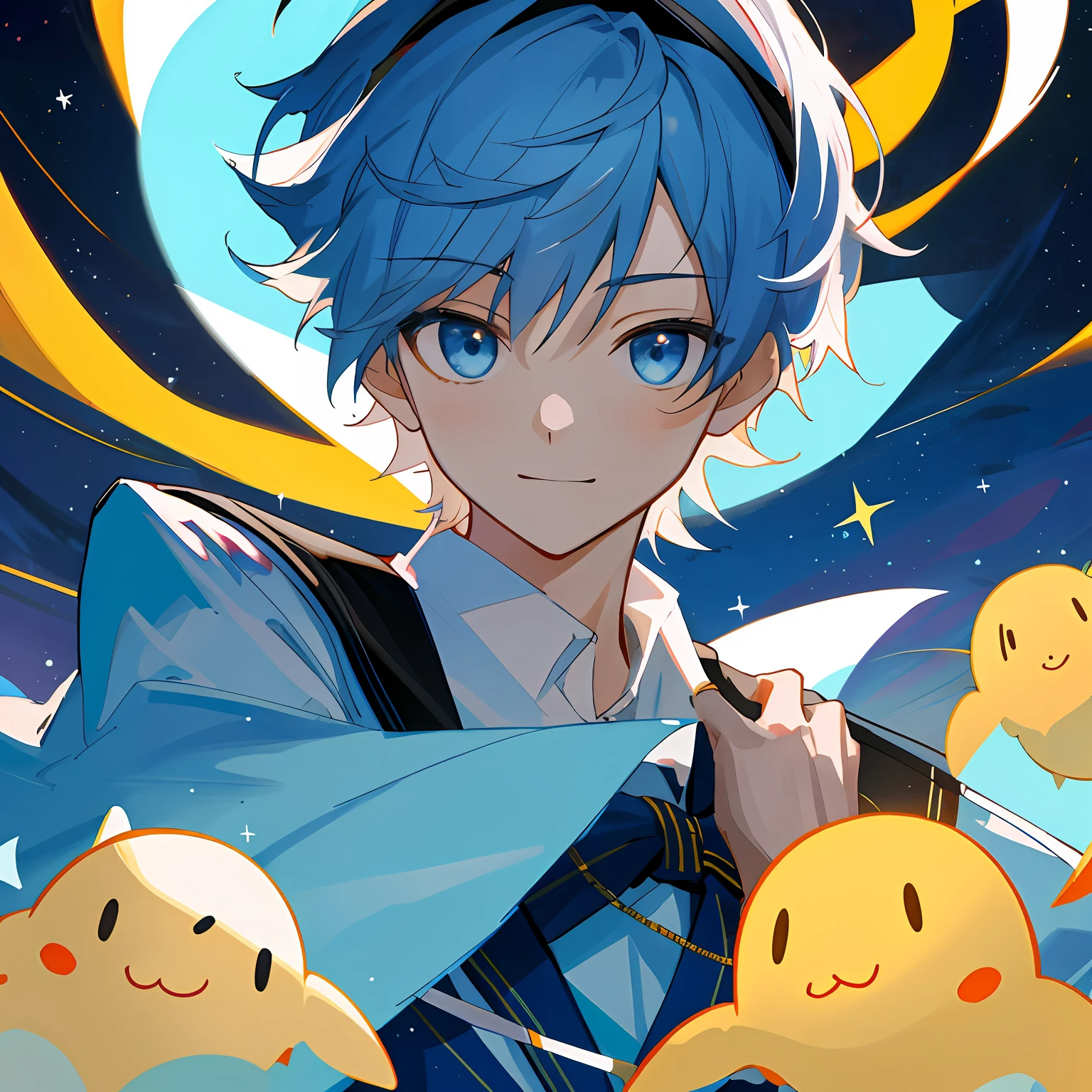 4K，A high resolution，tmasterpiece，best qualtiy，Head：1.3，nigh sky，As estrelas，dynamic angle，[：（详细的脸:1.2):0.2], White neat short hair，goggles on head，Deep blue eyes，ssmile，having fun，head straight-looking at viewer，boy，young  male，shoun，boy