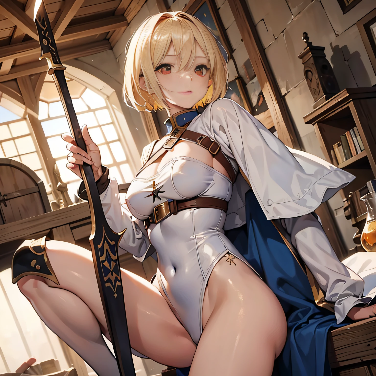 ,Perfect ,don quixote \(limbus company\, Naked、Blonde hair, Short hair, hair between eye, Orange Eyes, She straddles the bayonet、(Musketeers in medieval Europe )、hiqcgbody