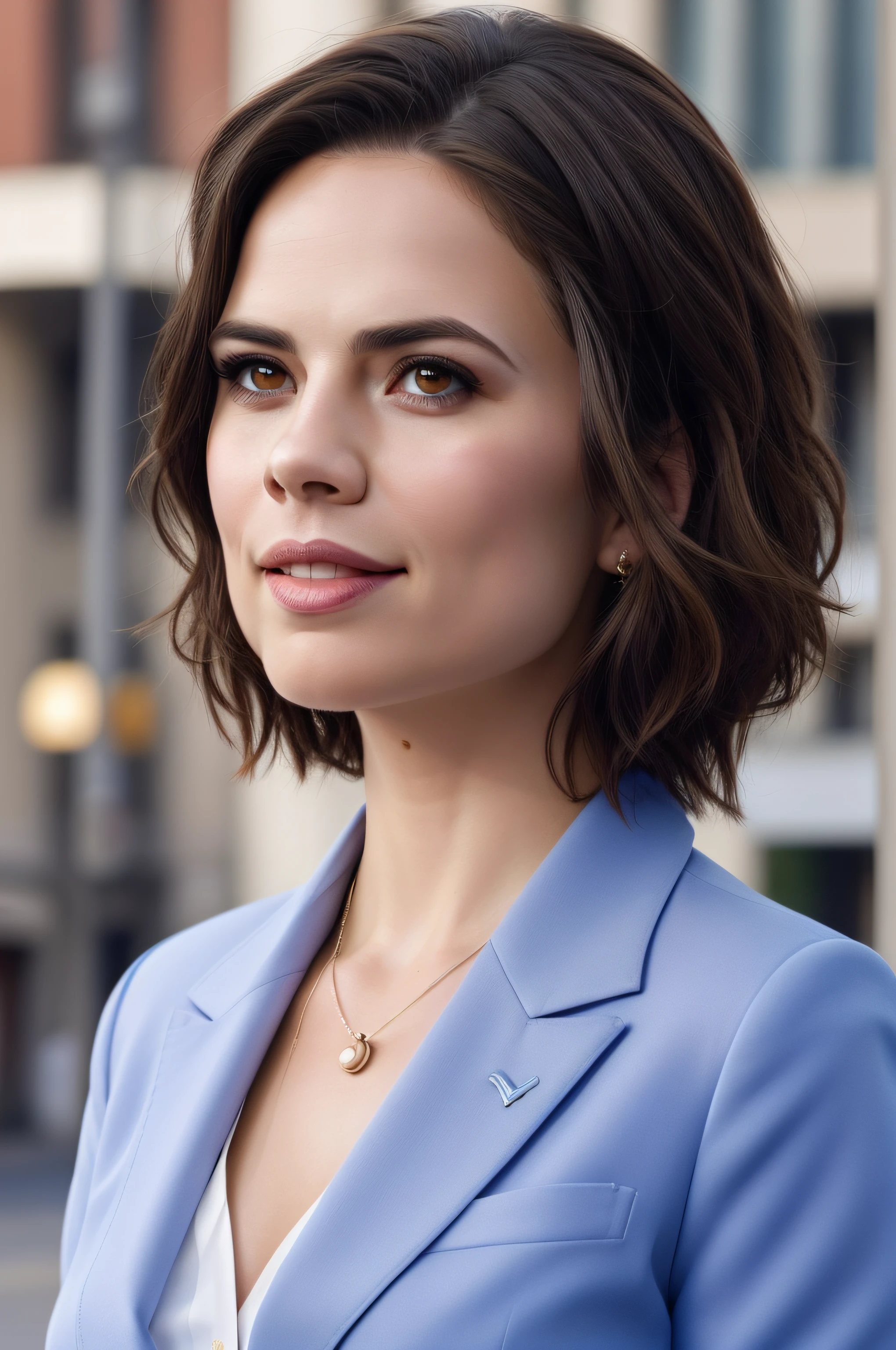 Beautiful woman, Hayley Atwell, dressed in a light blue business suit and white blouse, standing in a modern city square, looking directly up at the camera, (short pixie hair), detailed eyes, (detailed realistic face), blush, confident smile, highly detailed, modelshoot style, (extremely detailed CG unity 8k wallpaper), (camera far away), photo of the most beautiful artwork in the world, fashion top model, Victoria's Secret, trending on ArtStation, trending on CGSociety, Intricate, High Detail, Sharp focus, dramatic, photorealistic painting art by midjourney, strong sunlight