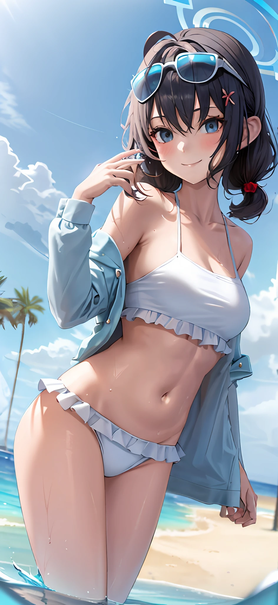 1girll,tmasterpiece,8K,Half realistic,4K,RTX,Shaders,brilliant texture work,White bikini swimsuit,Stroke his stomach with your hand,Stroke the navel,Seductive smile,innocent smiles