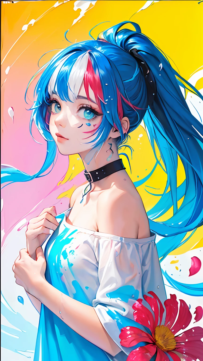 （Pink Fashion T-shirt：1.9），(Colorful hair: 1.8), (all the colours of the rainbow: 1.8),(((((vertical painting：1.6))), （painting：1.6），front, comics, illustrations, paintings, large eyes, crystal clear eyes,（ rainbow color gradient high ponytail：1.7）, exquisite makeup, closed mouth,(Small Fresh: 1.5),(Wipe Chest: 1.6) ，long eyelashes, white off shoulder T-shirt,  White Shoulder Shirt，looking at the audience, large watery eyes, (rainbow colored hair：1.6), color splash, （solo：1.8）, color splash, color explosion, thick paint style, messy lines, ((shining))，(colorful), (colorful), (colorful), colorful, Thick Paint Style, (Splash) (Color Splash), Vertical Painting, Upper Body, Paint Splash, Acrylic Pigment, Gradient, Paint, Highest Image Quality, Highest Quality, Masterpiece, Solo, Depth of Field, Face Paint,  colorful clothes, (Elegant: 1.2), gorgeous,long hair, wind, (Elegant: 1.3), (Petals: 1.4)，(((masterpiece))),(((best quality))),((ultra-detailed)),(illustration),(dynamic angle),((floating)),(paint),((disheveled hair)),(solo),(1girl) , (((detailed anima face))),((beautiful detailed face)),collar,bare shoulders,white hair, ((colorful hair)),((streaked hair)),beautiful detailed eyes,(Gradient color eyes),(((colorful eyes))),(((colorful background))),(((high saturation))),(((surrounded by colorful splashes))),