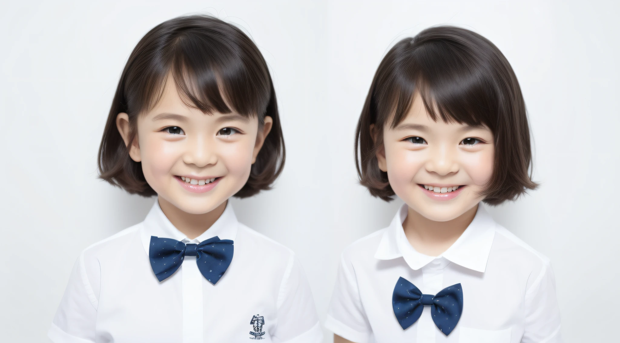 Modern style, white background, children's ID photo, cute, smiling girl, dark eyes, short hair, bow tie, clear, high quality