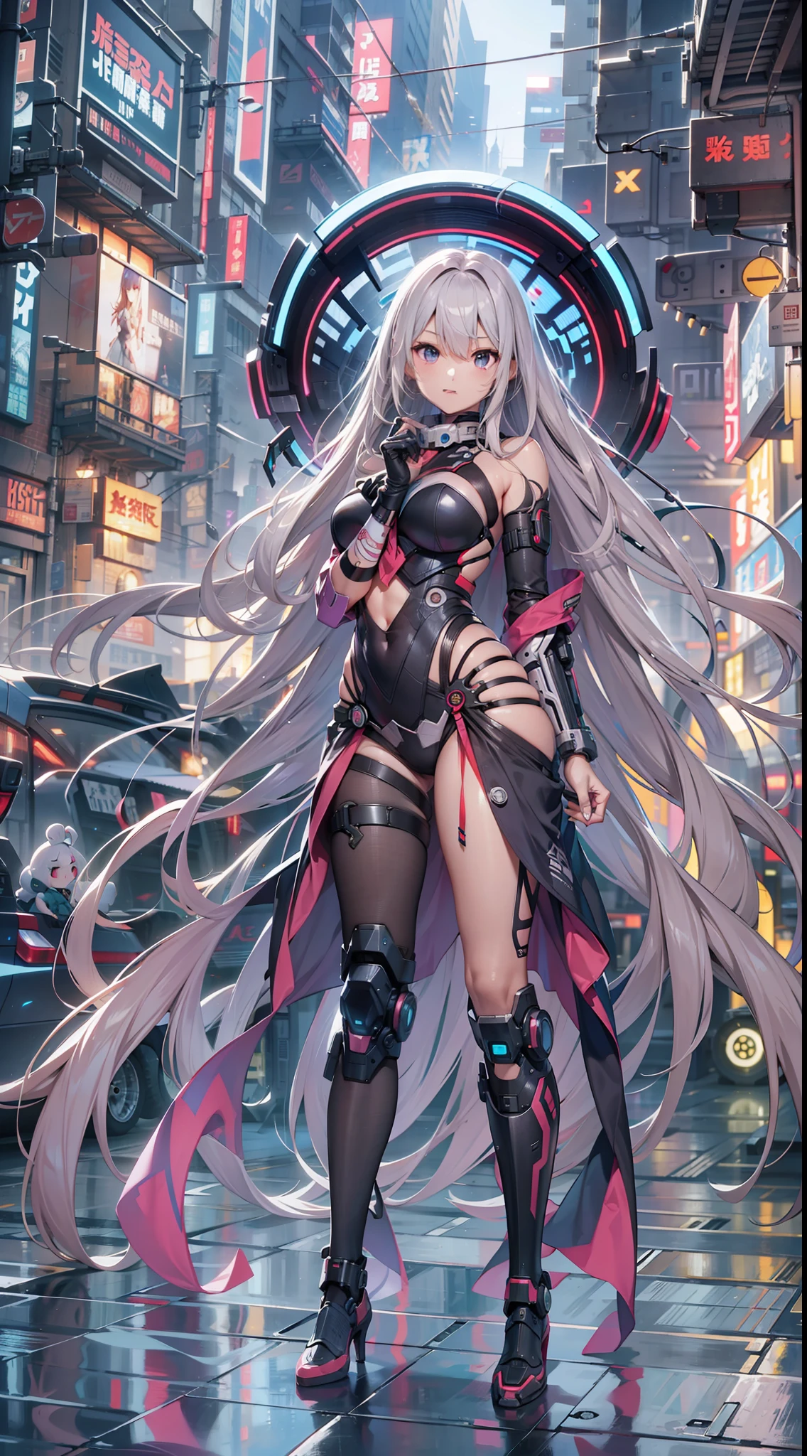 Top image quality Original Characters、Straight long hair、Beauty Cyborg、Discharge from the whole body、A futuristic city like electronics、The sky is a tunnel with a complex shape