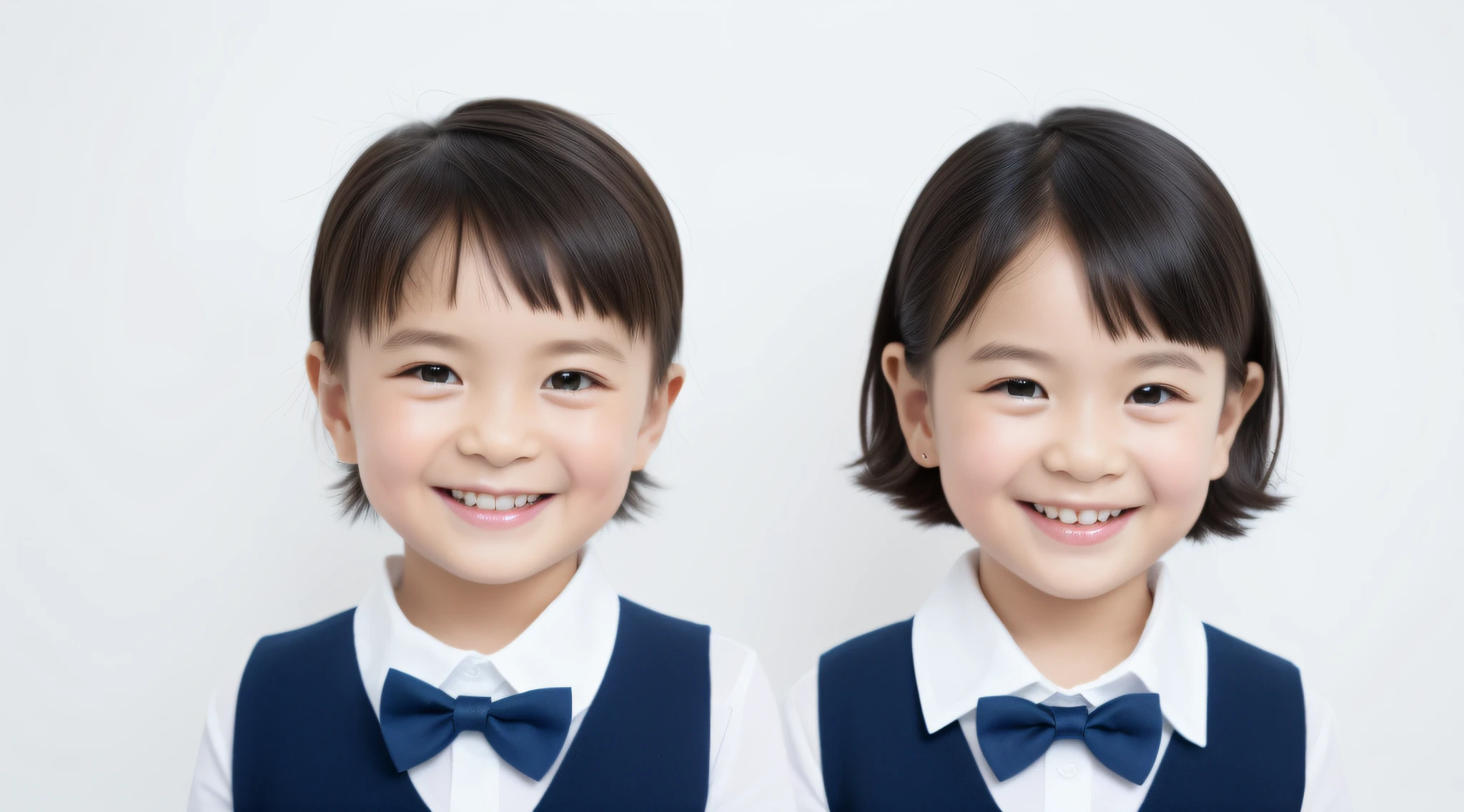 Modern style, white background, children's ID photo, cute, smiling girl, dark eyes, short hair, bow tie, clear, high quality