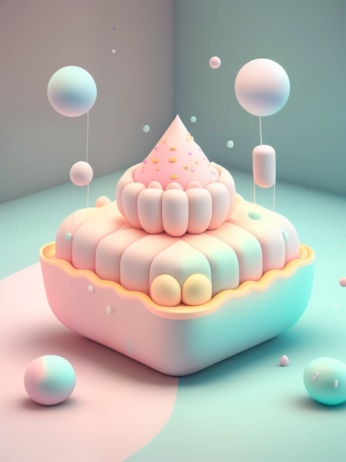 microcosm, Isometric view of cute kawaii keyboard, (Pink big breasts, white colors, amarelo, purpleish color), Comfortable and soft,Cupcakes, lighting particle, Dynamic light effects, A futuristic, incredibily detailed, Hyper-Resolution,birthday,1 year old,One year anniversary