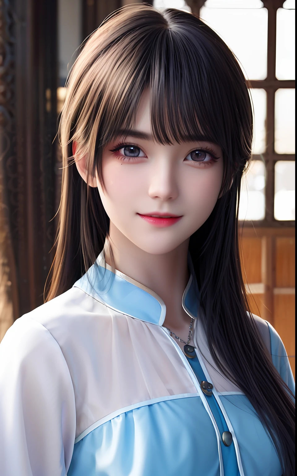 ulzzang -6500-v1.1, (Photorealsitic:1.4), animesque、anime styled、ssmile、portraitures、silber hair、Beautiful, Moist eyes like clear glass、Beautiful detailed woman, extremely detailed eye and face, Beautiful detailed eyes, huge filesize, ultra-detailliert, hight resolution, ighly detailed, top-quality, masterpiece, illustratio, ighly detailed, nffsw, unification, 8k wallpaper, splendid, finely detail, masterpiece, top-quality, Highly detailed ticker uniform 8K wallpaper, Light on the Face、电影灯光、