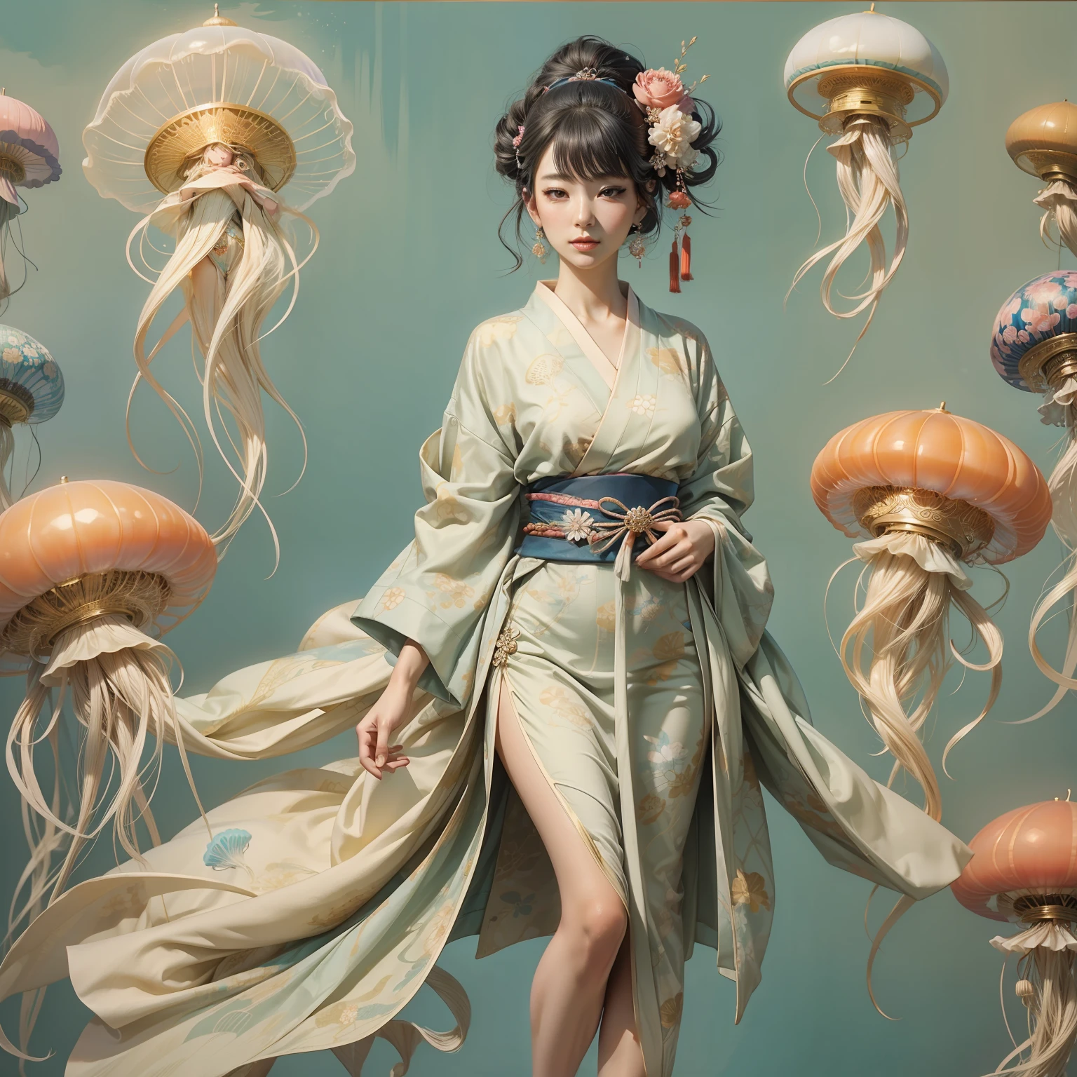jellyfish woman, with a beautiful dress, full body,ukiyoe style,beautiful hands and legs,beautiful face,kimono style